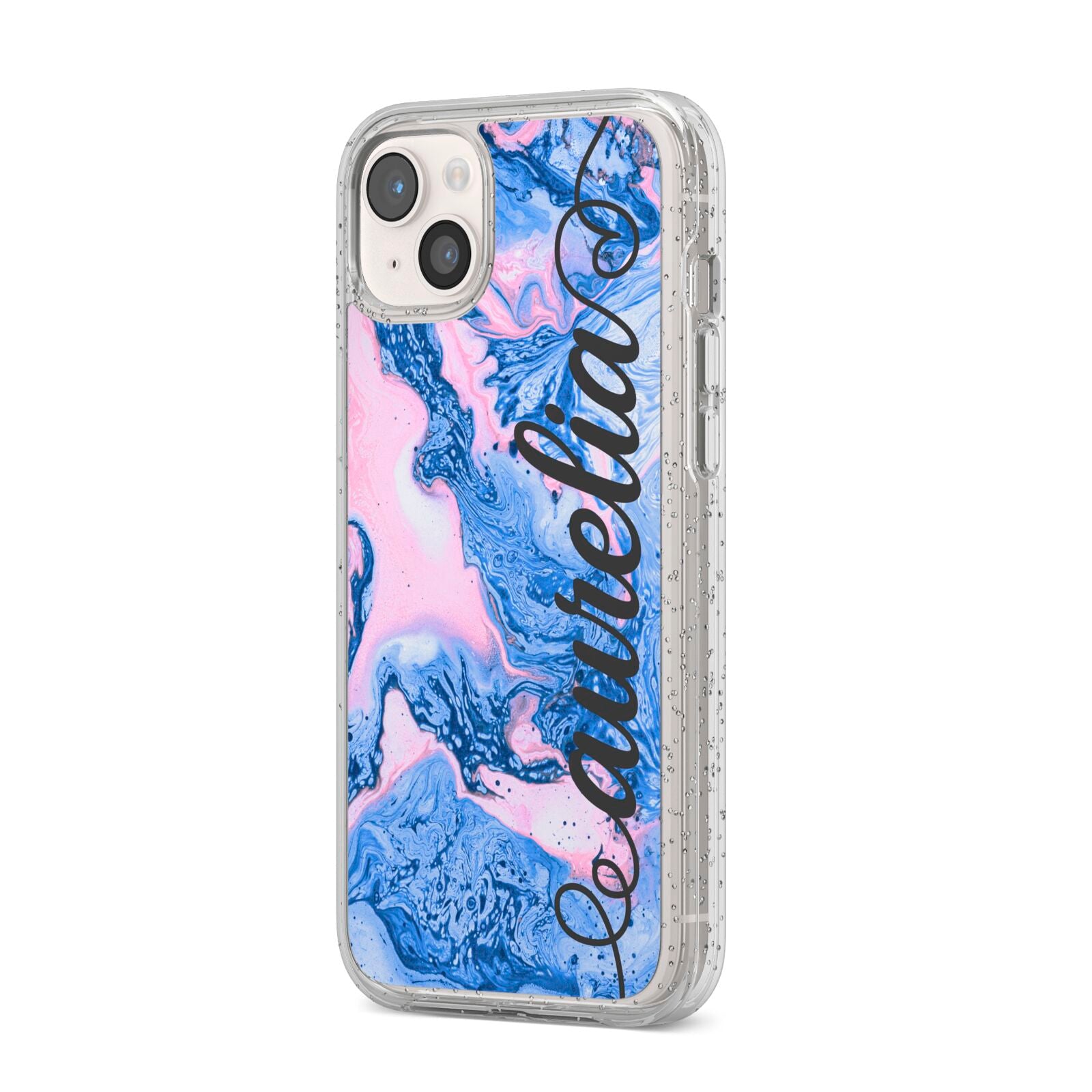 Ocean Blue and Pink Marble iPhone 14 Plus Glitter Tough Case Starlight Angled Image
