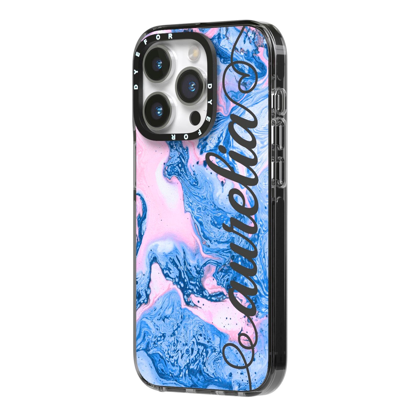 Ocean Blue and Pink Marble iPhone 14 Pro Black Impact Case Side Angle on Silver phone