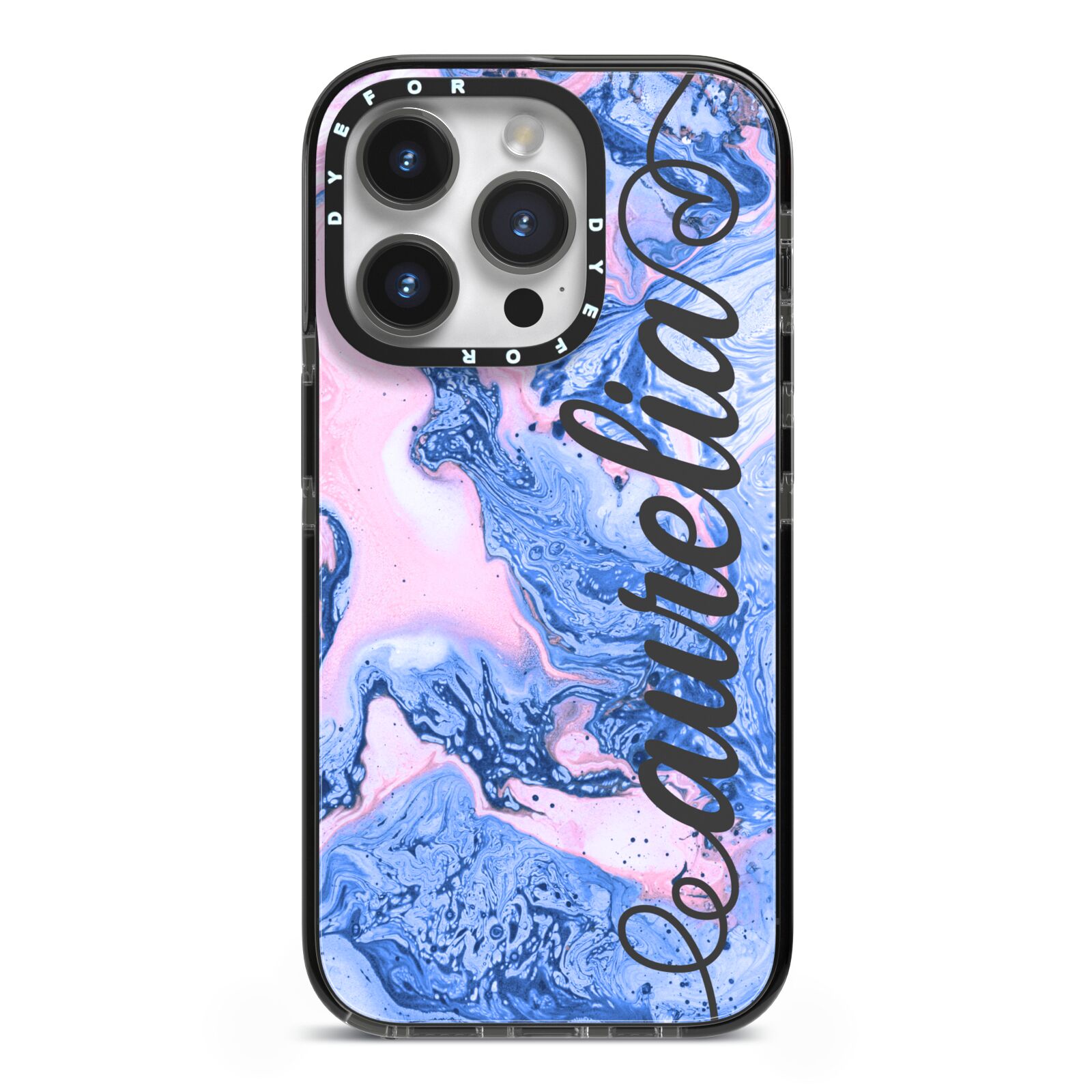Ocean Blue and Pink Marble iPhone 14 Pro Black Impact Case on Silver phone