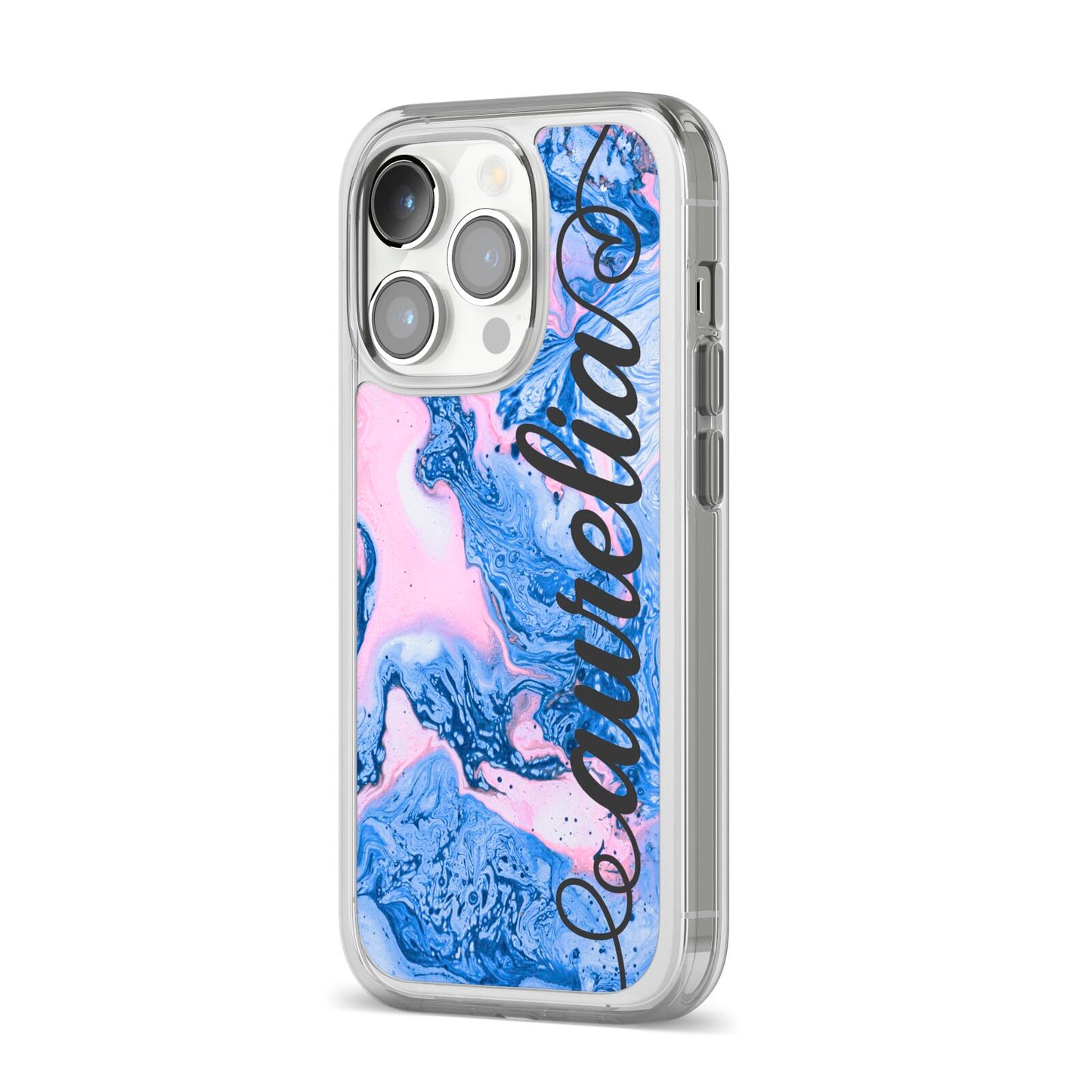 Ocean Blue and Pink Marble iPhone 14 Pro Clear Tough Case Silver Angled Image