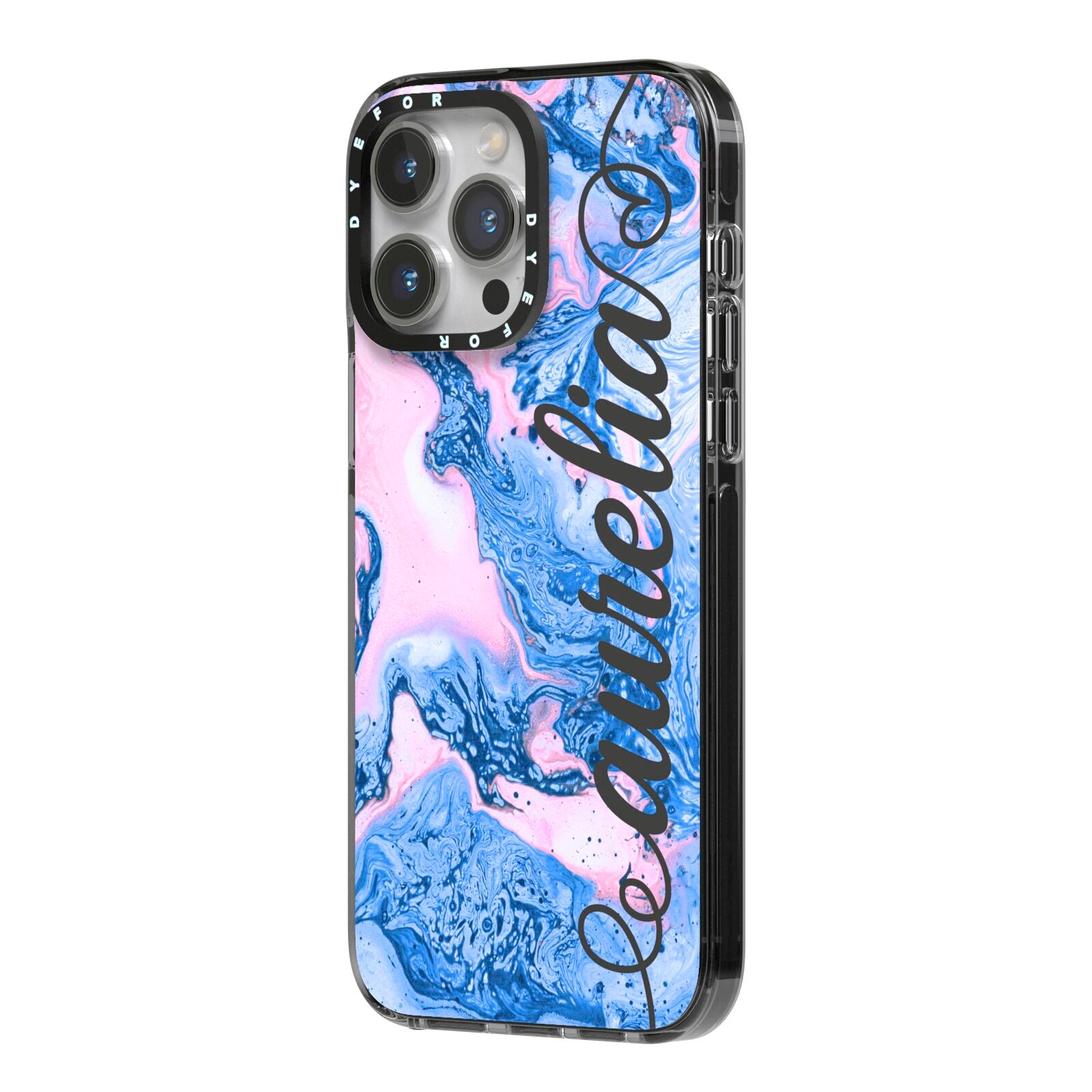 Ocean Blue and Pink Marble iPhone 14 Pro Max Black Impact Case Side Angle on Silver phone