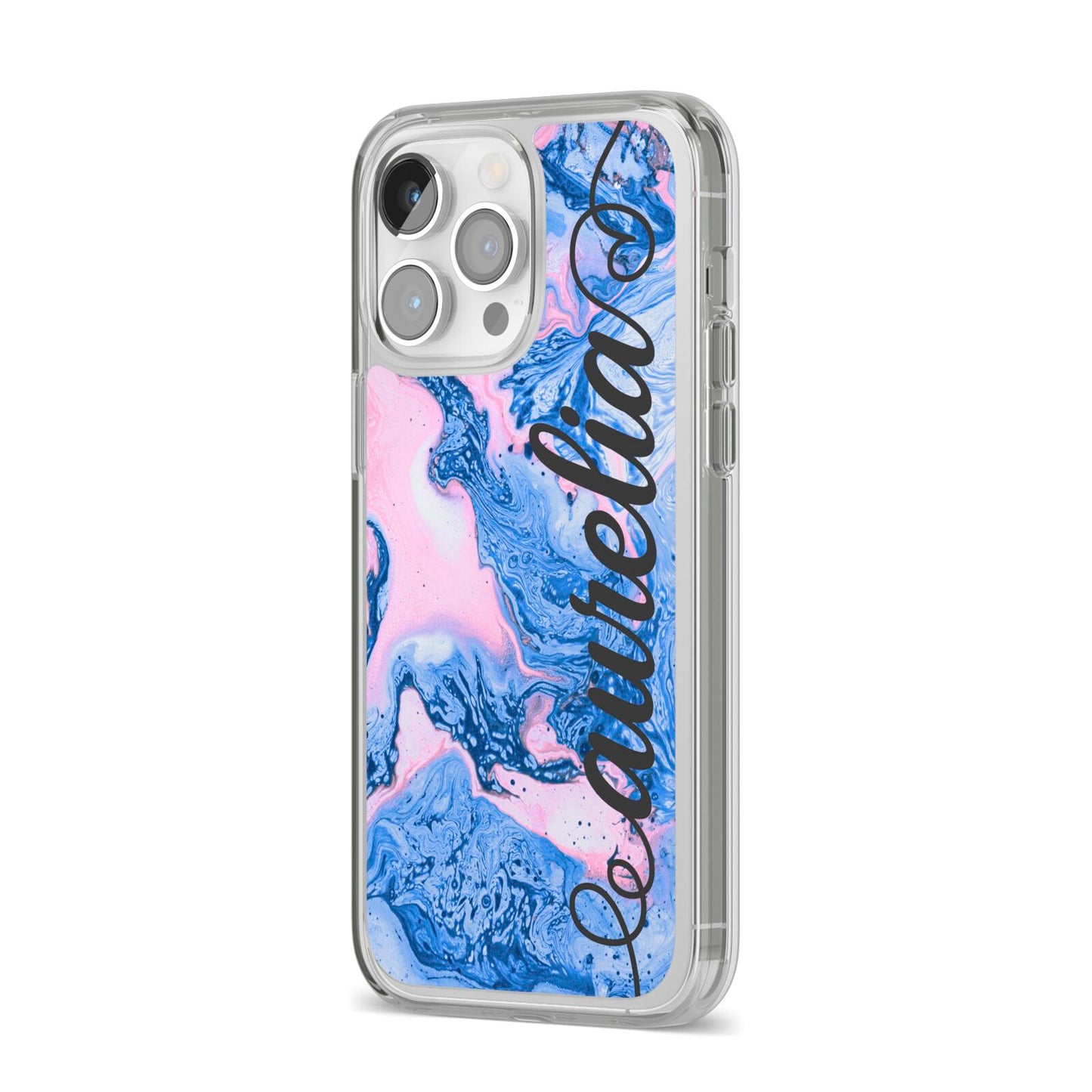 Ocean Blue and Pink Marble iPhone 14 Pro Max Clear Tough Case Silver Angled Image