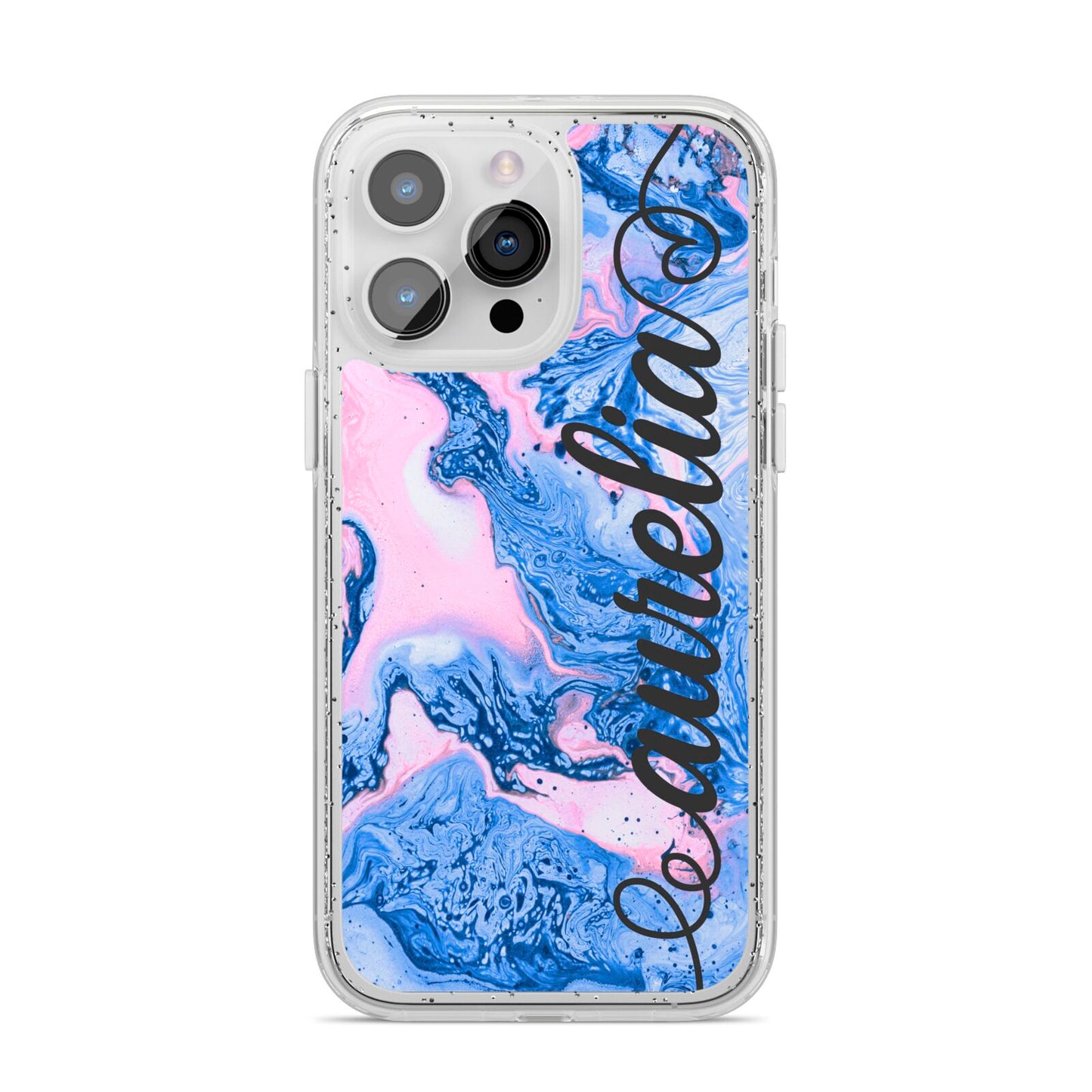 Ocean Blue and Pink Marble iPhone 14 Pro Max Glitter Tough Case Silver