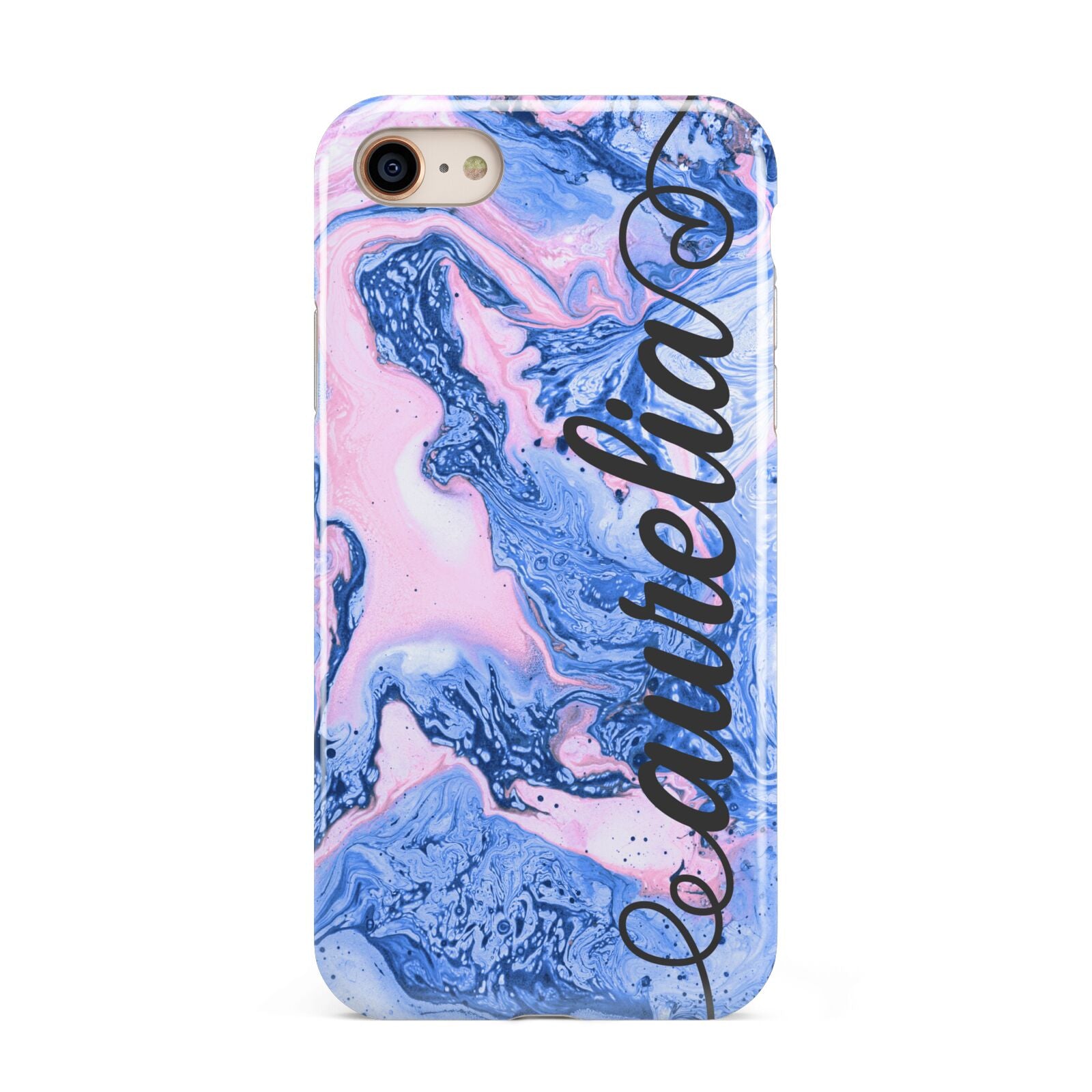 Ocean Blue and Pink Marble iPhone 8 3D Tough Case on Gold Phone