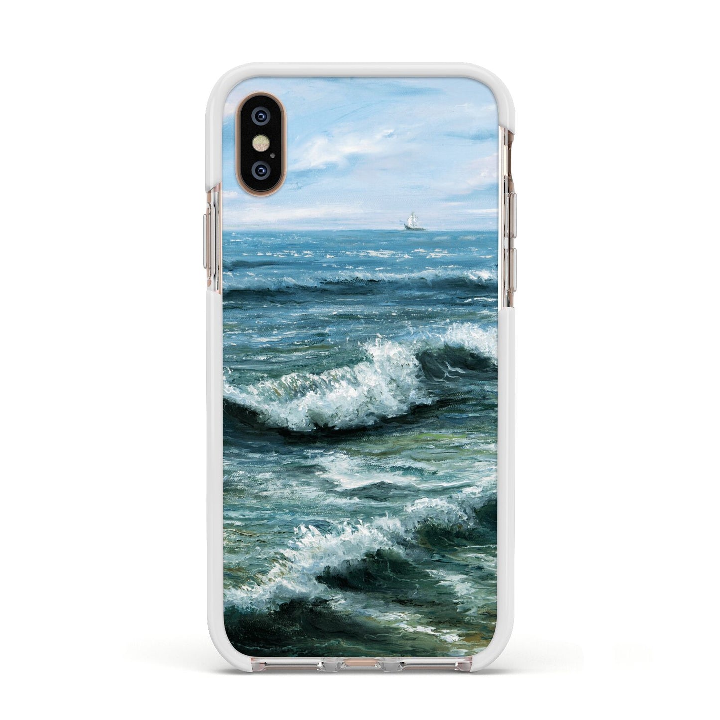 Ocean Brush Stroke Apple iPhone Xs Impact Case White Edge on Gold Phone