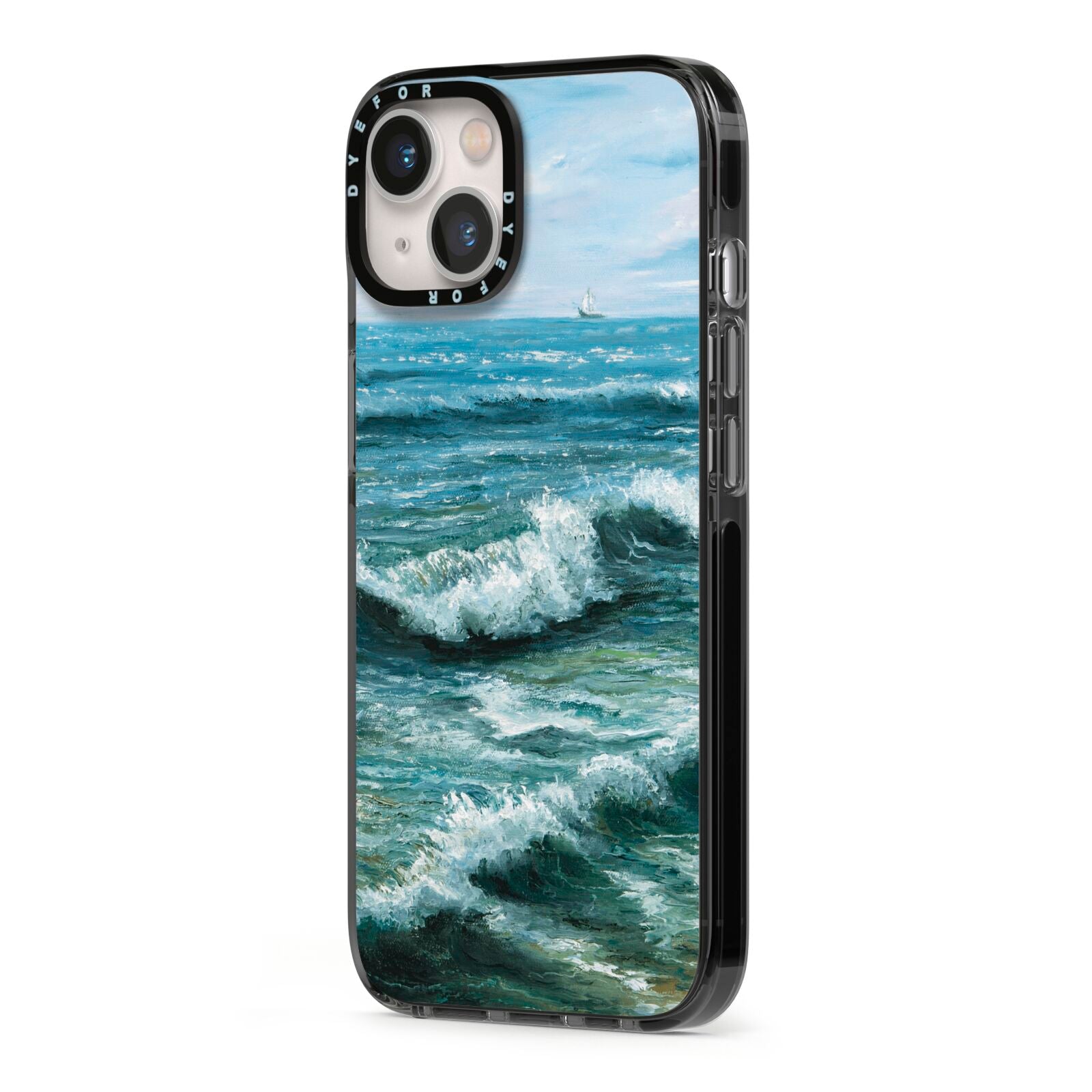 Ocean Brush Stroke iPhone 13 Black Impact Case Side Angle on Silver phone