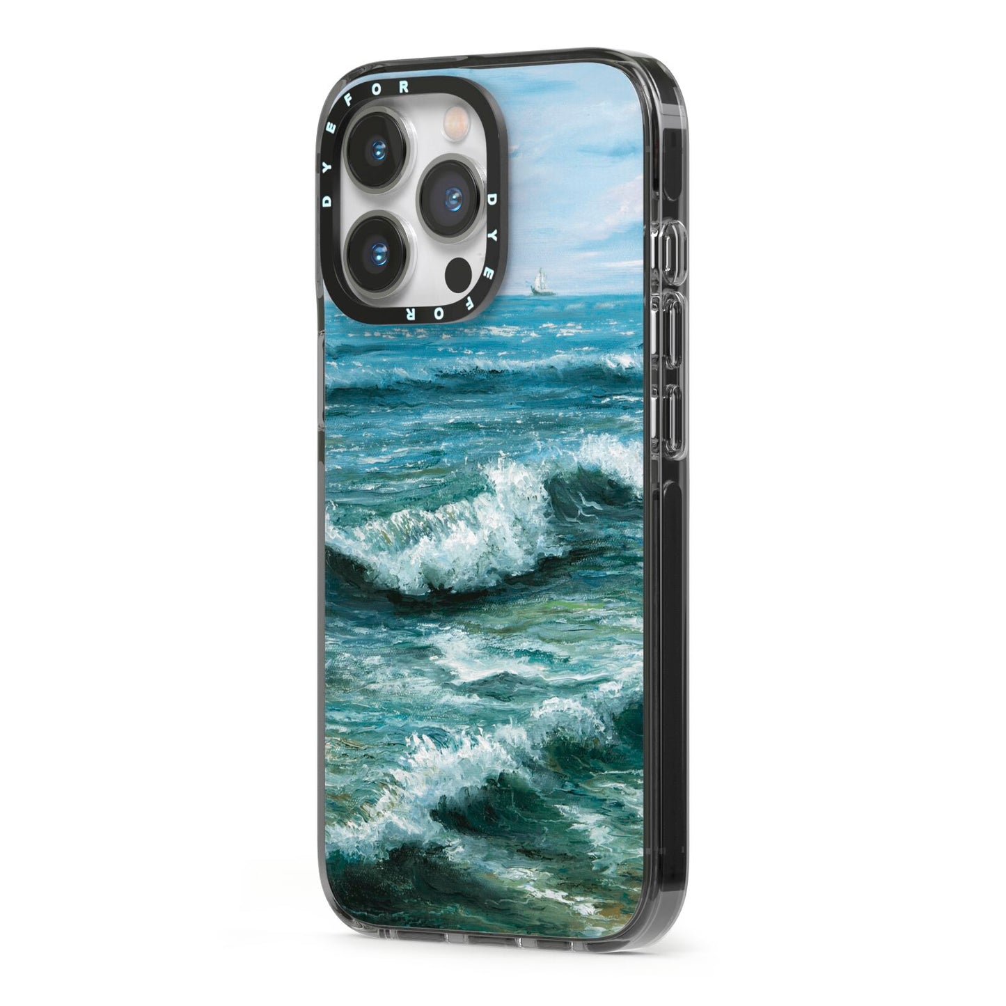 Ocean Brush Stroke iPhone 13 Pro Black Impact Case Side Angle on Silver phone