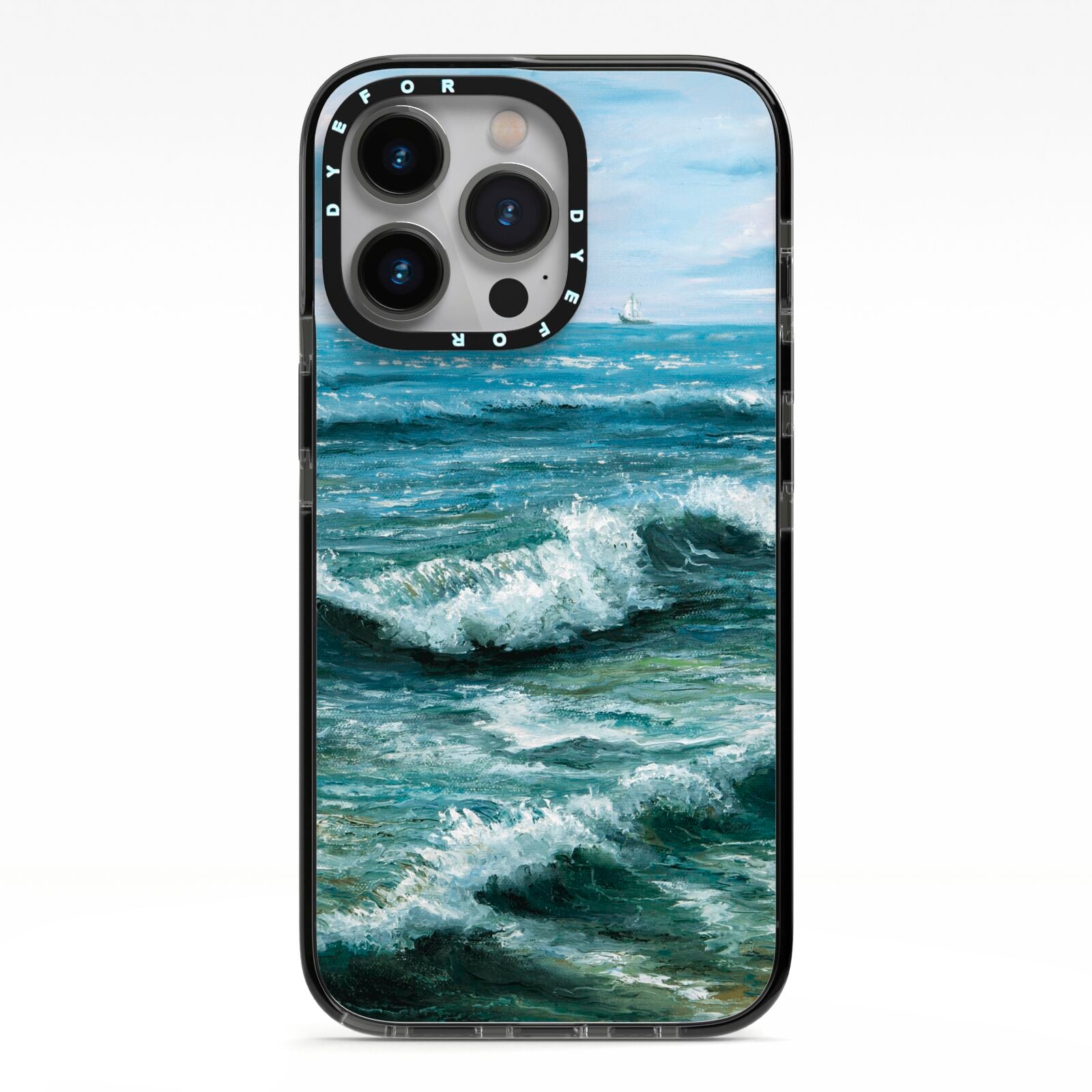 Ocean Brush Stroke iPhone 13 Pro Black Impact Case on Silver phone