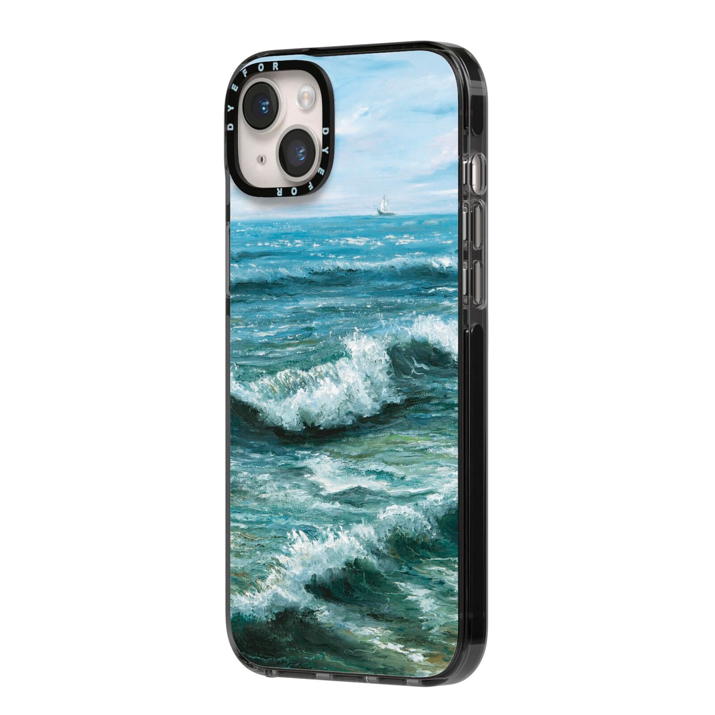 Ocean Brush Stroke iPhone 14 Plus Black Impact Case Side Angle on Silver phone