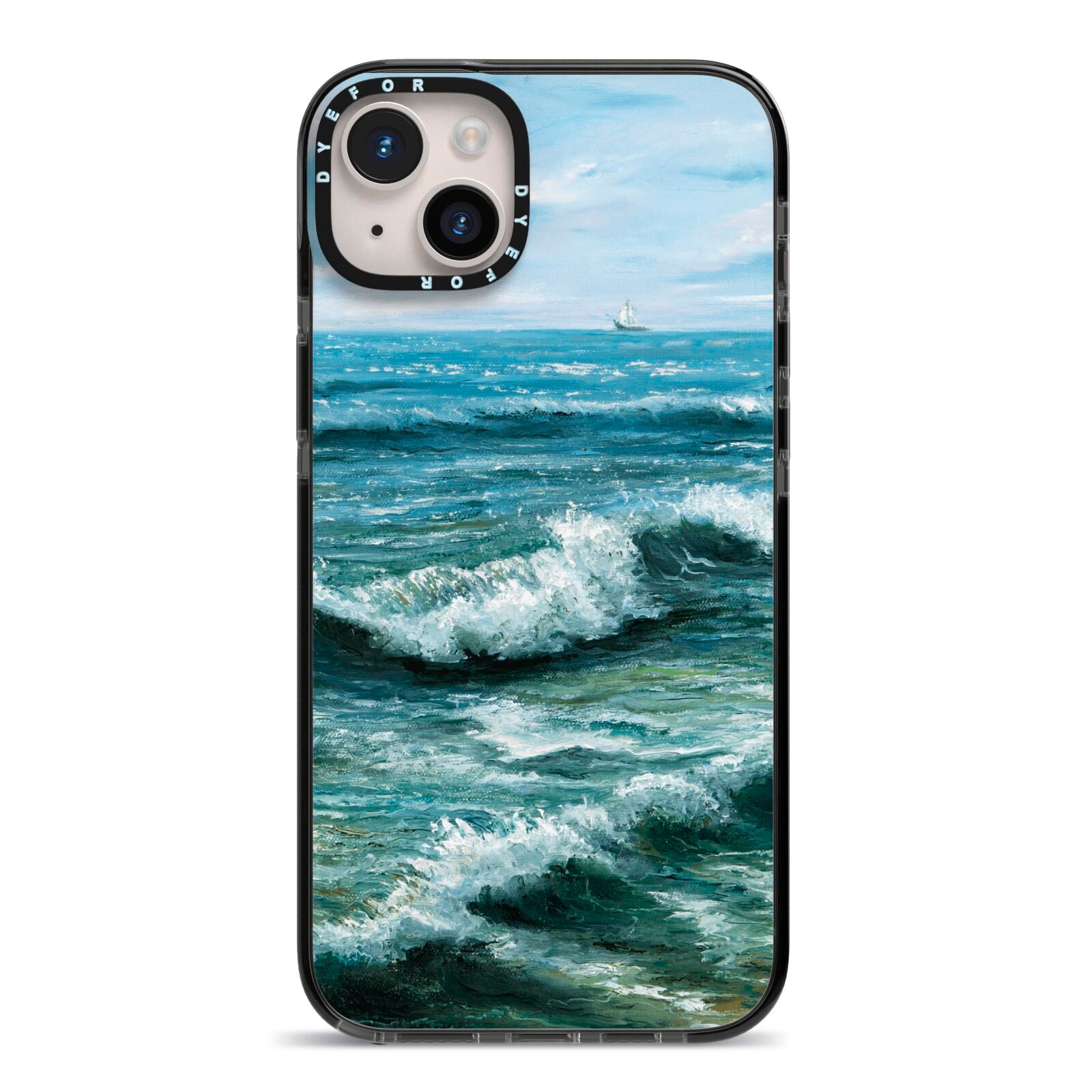 Ocean Brush Stroke iPhone 14 Plus Black Impact Case on Silver phone