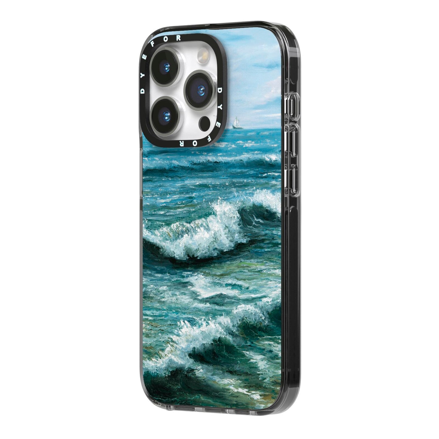 Ocean Brush Stroke iPhone 14 Pro Black Impact Case Side Angle on Silver phone