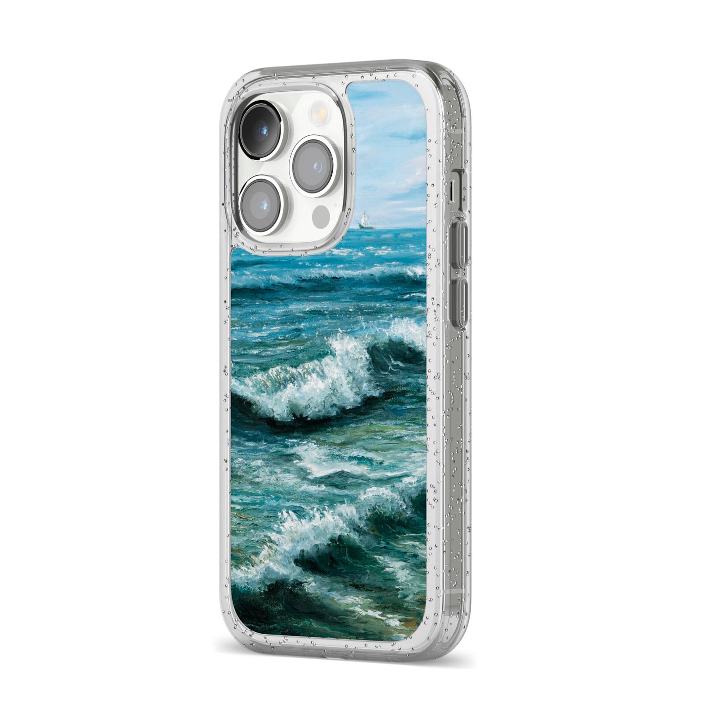 Ocean Brush Stroke iPhone 14 Pro Glitter Tough Case Silver Angled Image