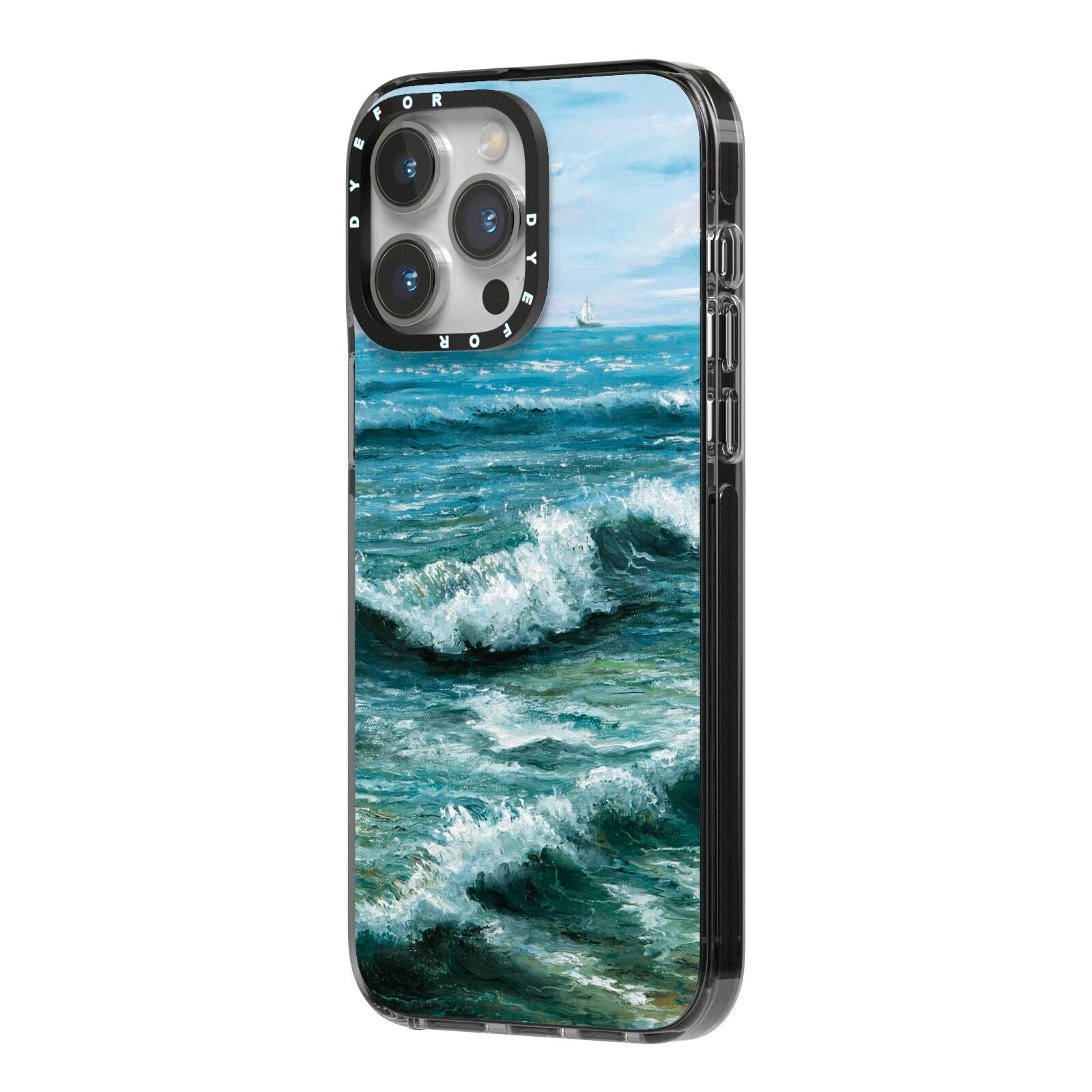 Ocean Brush Stroke iPhone 14 Pro Max Black Impact Case Side Angle on Silver phone