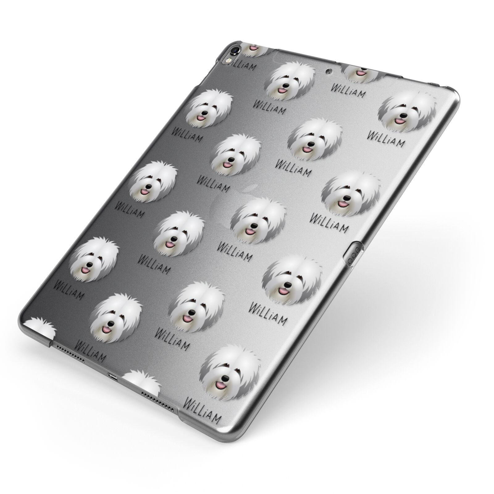 Old English Sheepdog Icon with Name Apple iPad Case on Grey iPad Side View