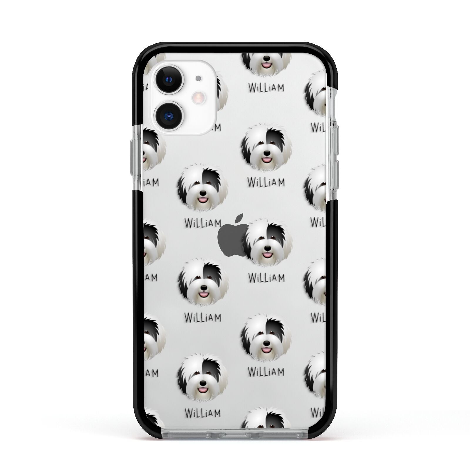 Old English Sheepdog Icon with Name Apple iPhone 11 in White with Black Impact Case