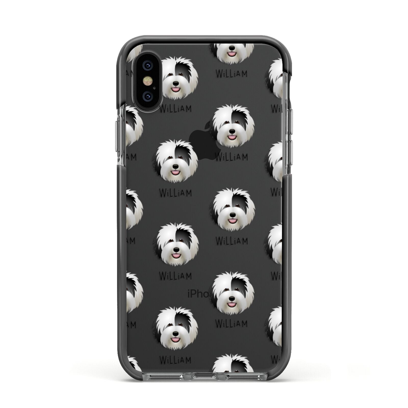 Old English Sheepdog Icon with Name Apple iPhone Xs Impact Case Black Edge on Black Phone