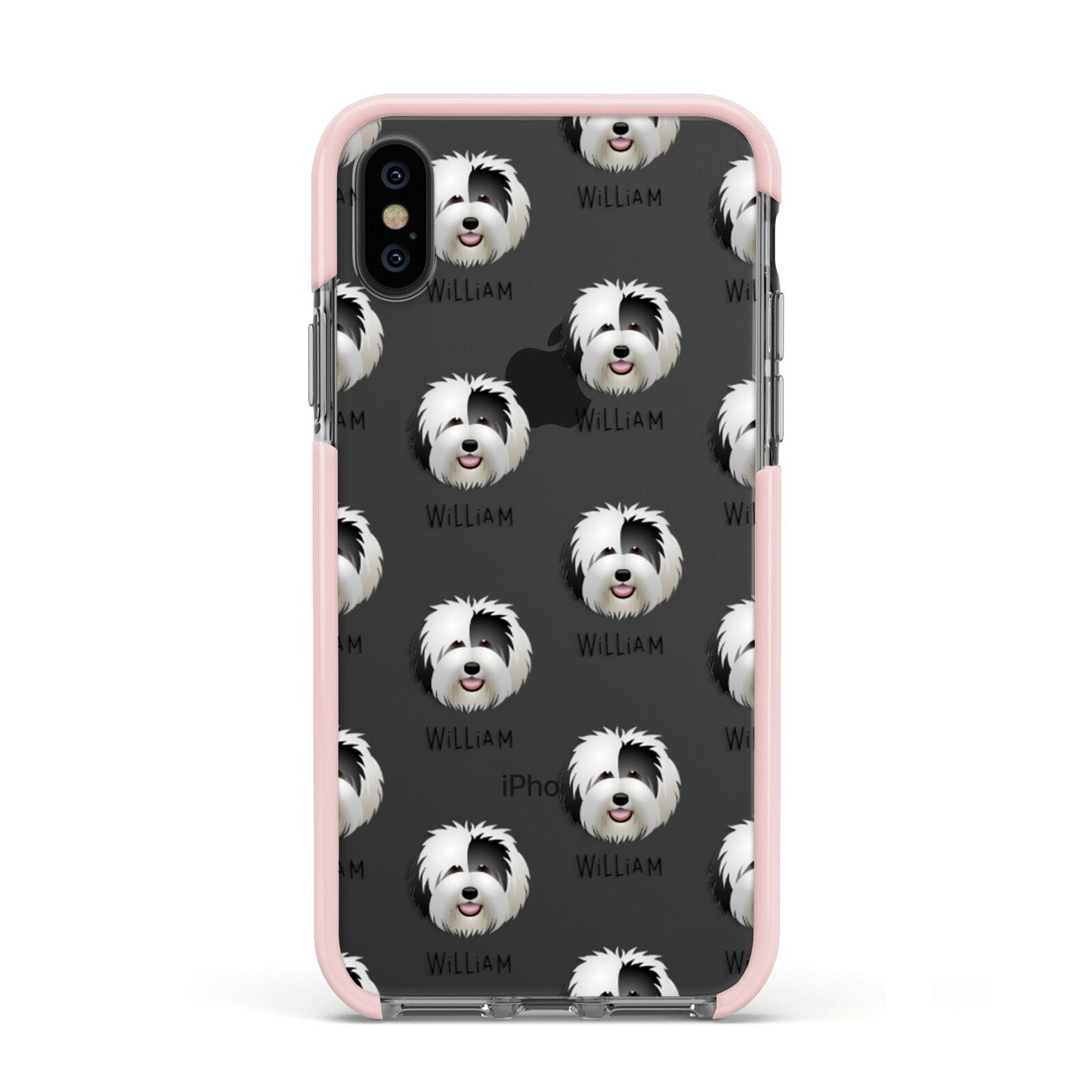 Old English Sheepdog Icon with Name Apple iPhone Xs Impact Case Pink Edge on Black Phone