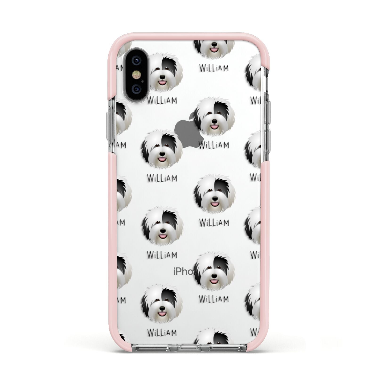 Old English Sheepdog Icon with Name Apple iPhone Xs Impact Case Pink Edge on Silver Phone