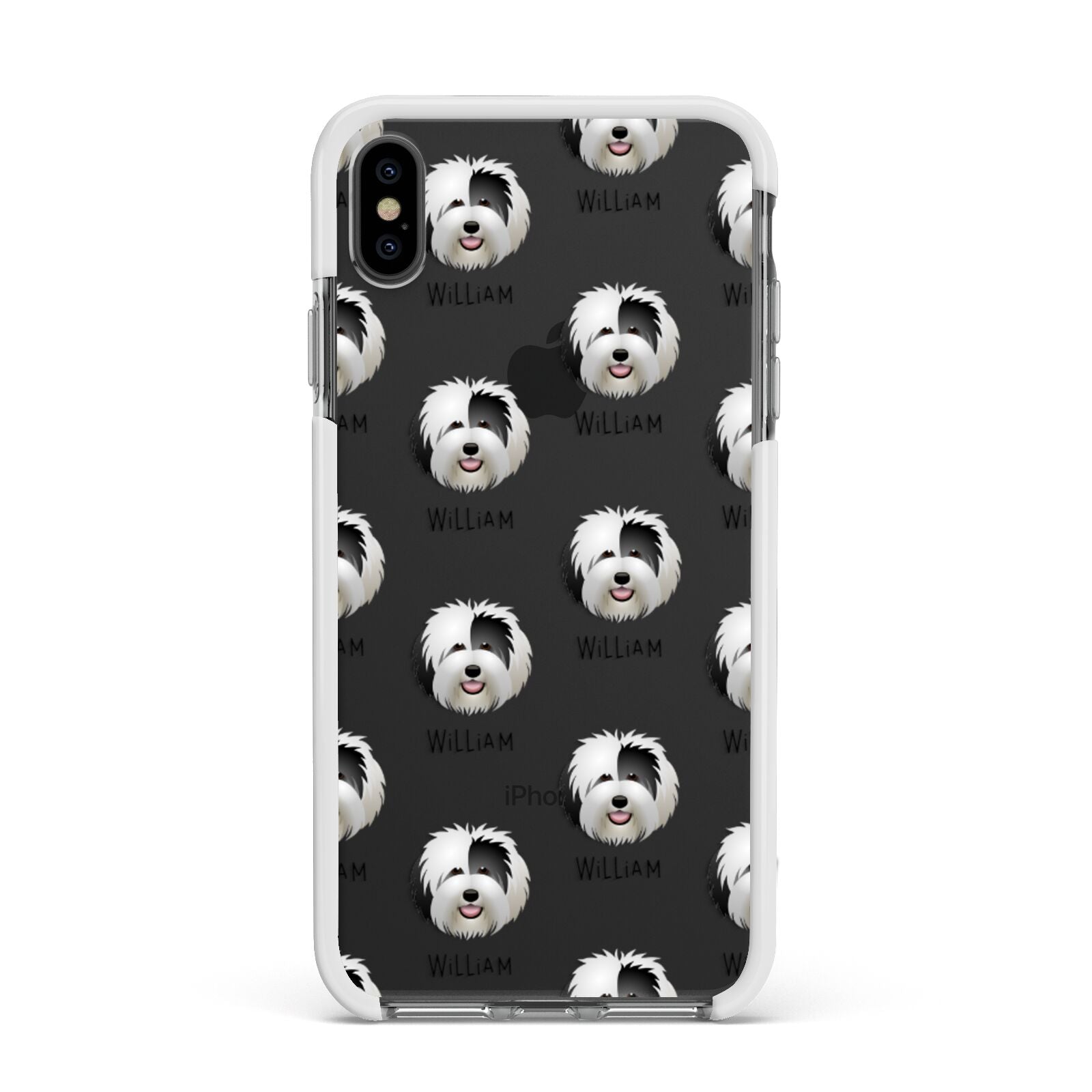 Old English Sheepdog Icon with Name Apple iPhone Xs Max Impact Case White Edge on Black Phone