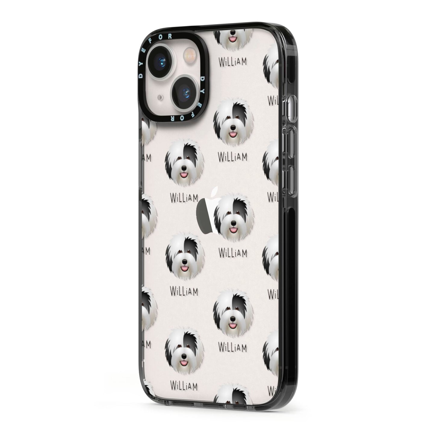 Old English Sheepdog Icon with Name iPhone 13 Black Impact Case Side Angle on Silver phone