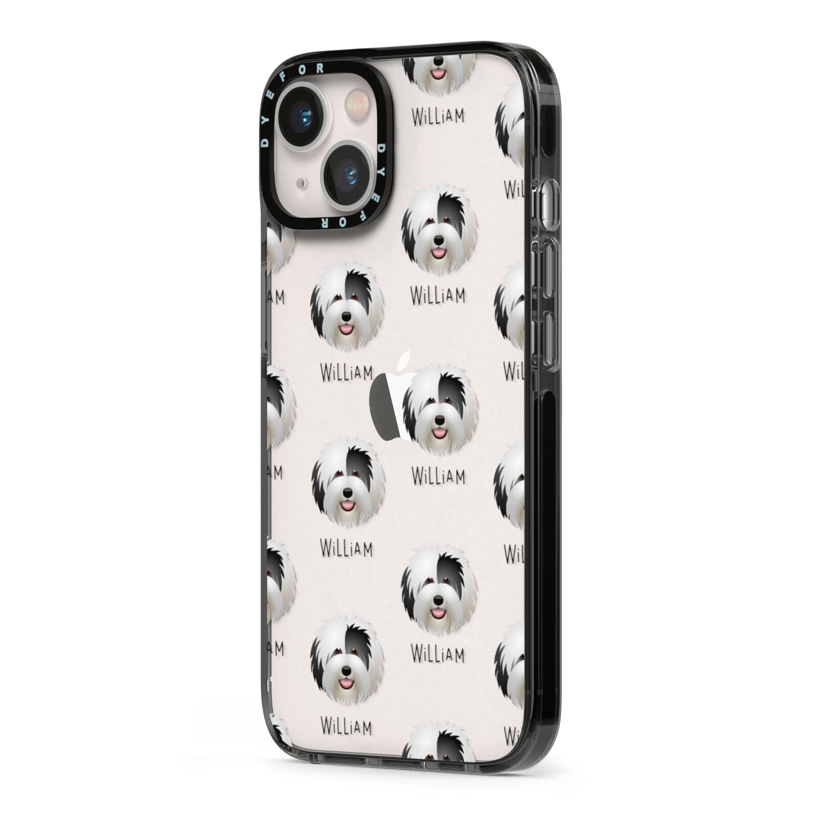 Old English Sheepdog Icon with Name iPhone 13 Black Impact Case Side Angle on Silver phone