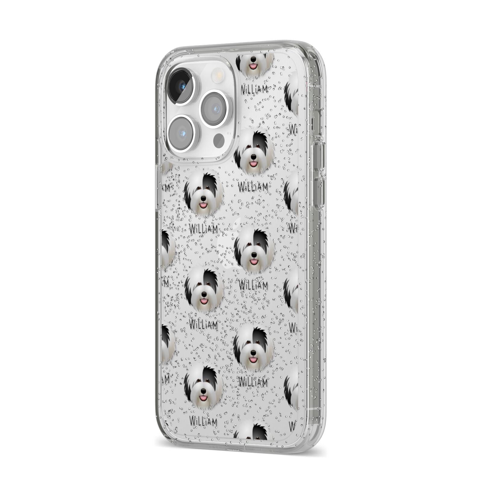 Old English Sheepdog Icon with Name iPhone 14 Pro Max Glitter Tough Case Silver Angled Image