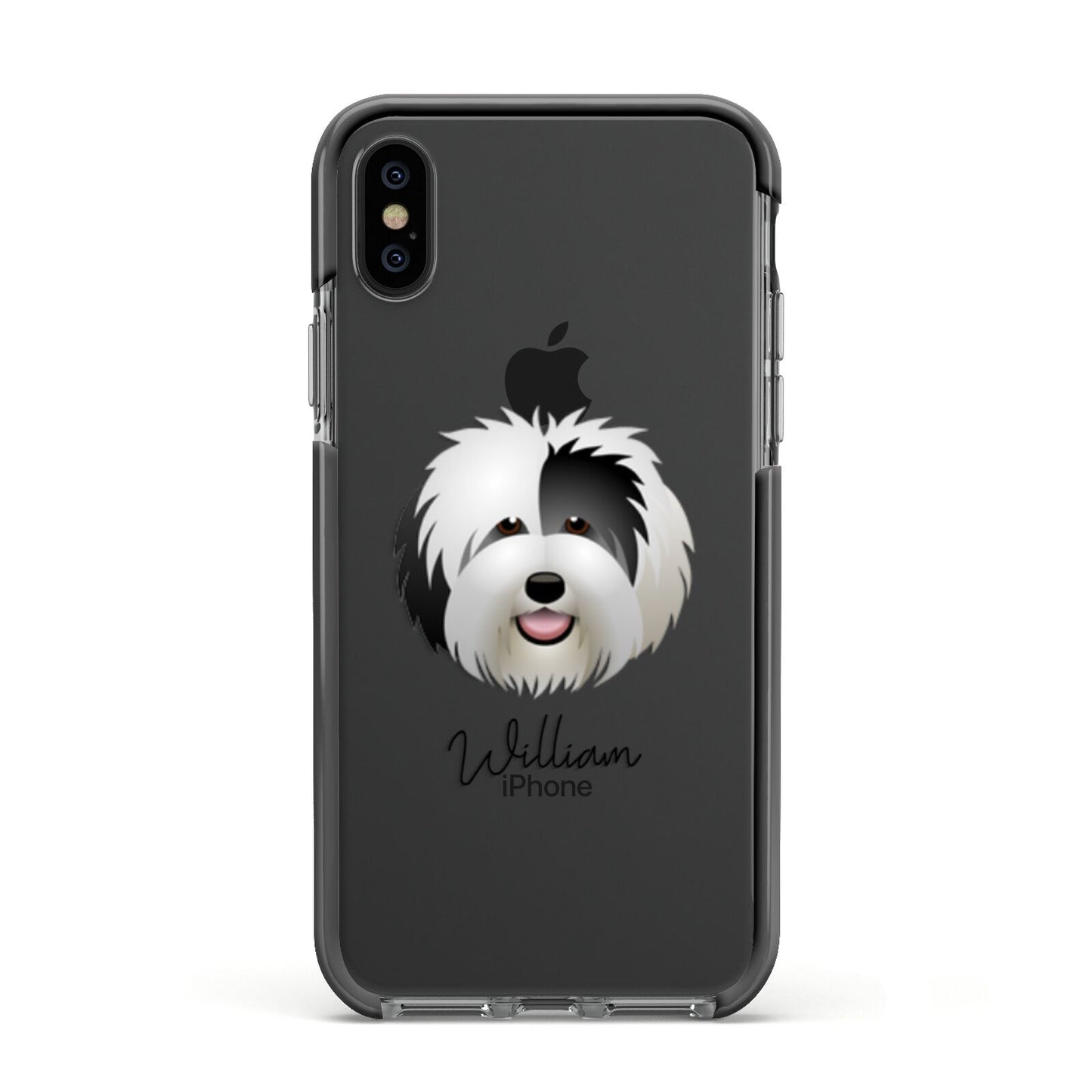 Old English Sheepdog Personalised Apple iPhone Xs Impact Case Black Edge on Black Phone