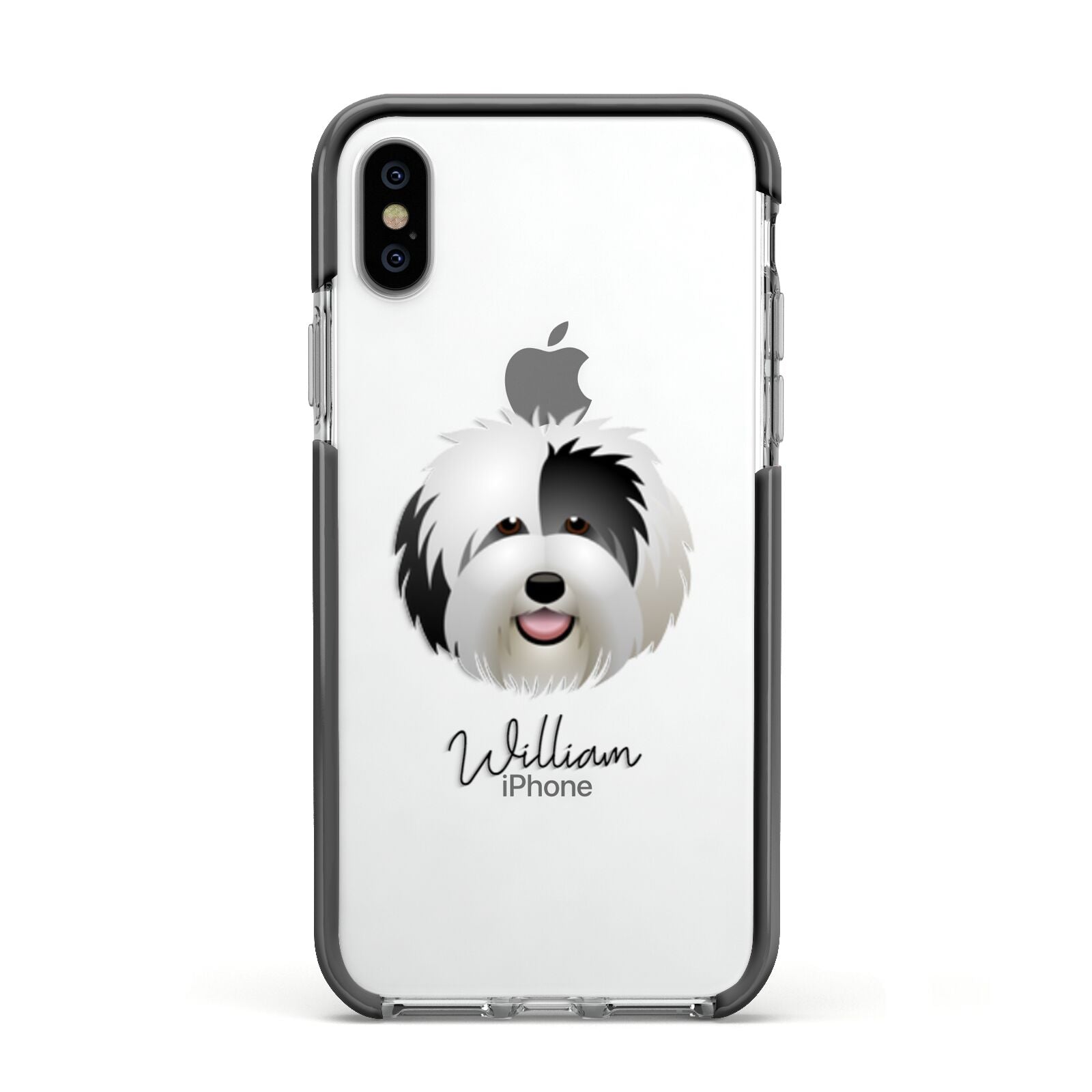 Old English Sheepdog Personalised Apple iPhone Xs Impact Case Black Edge on Silver Phone