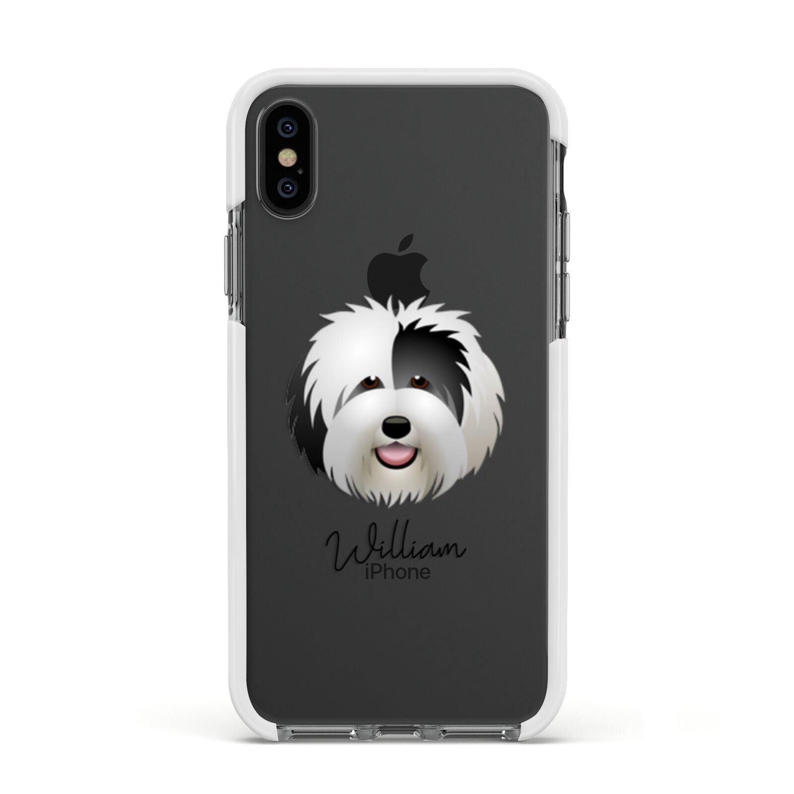 Old English Sheepdog Personalised Apple iPhone Xs Impact Case White Edge on Black Phone