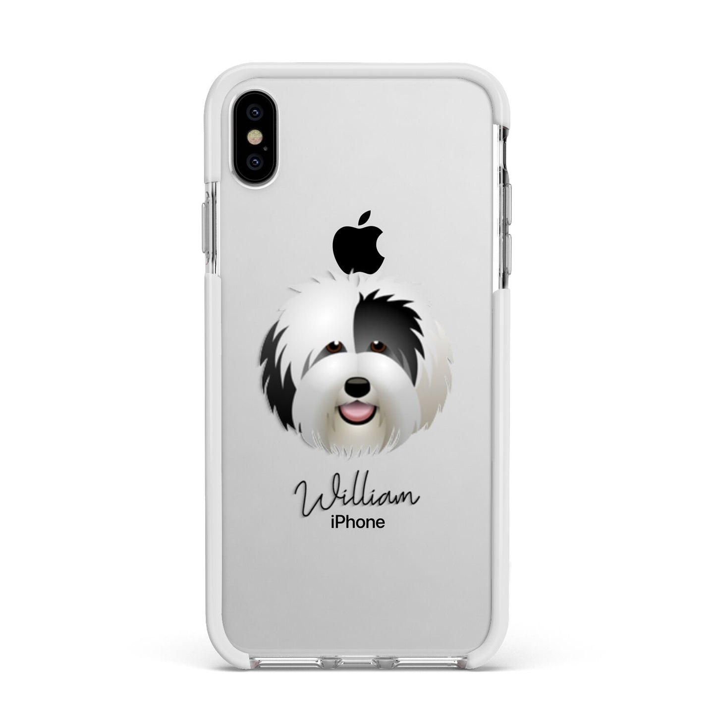 Old English Sheepdog Personalised Apple iPhone Xs Max Impact Case White Edge on Silver Phone