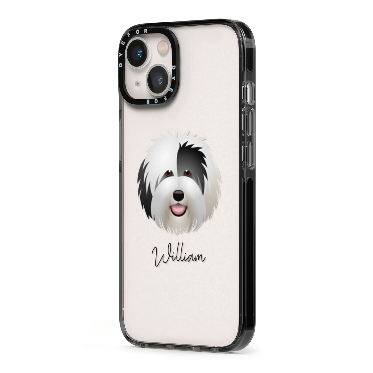 Old English Sheepdog Personalised iPhone 13 Black Impact Case Side Angle on Silver phone