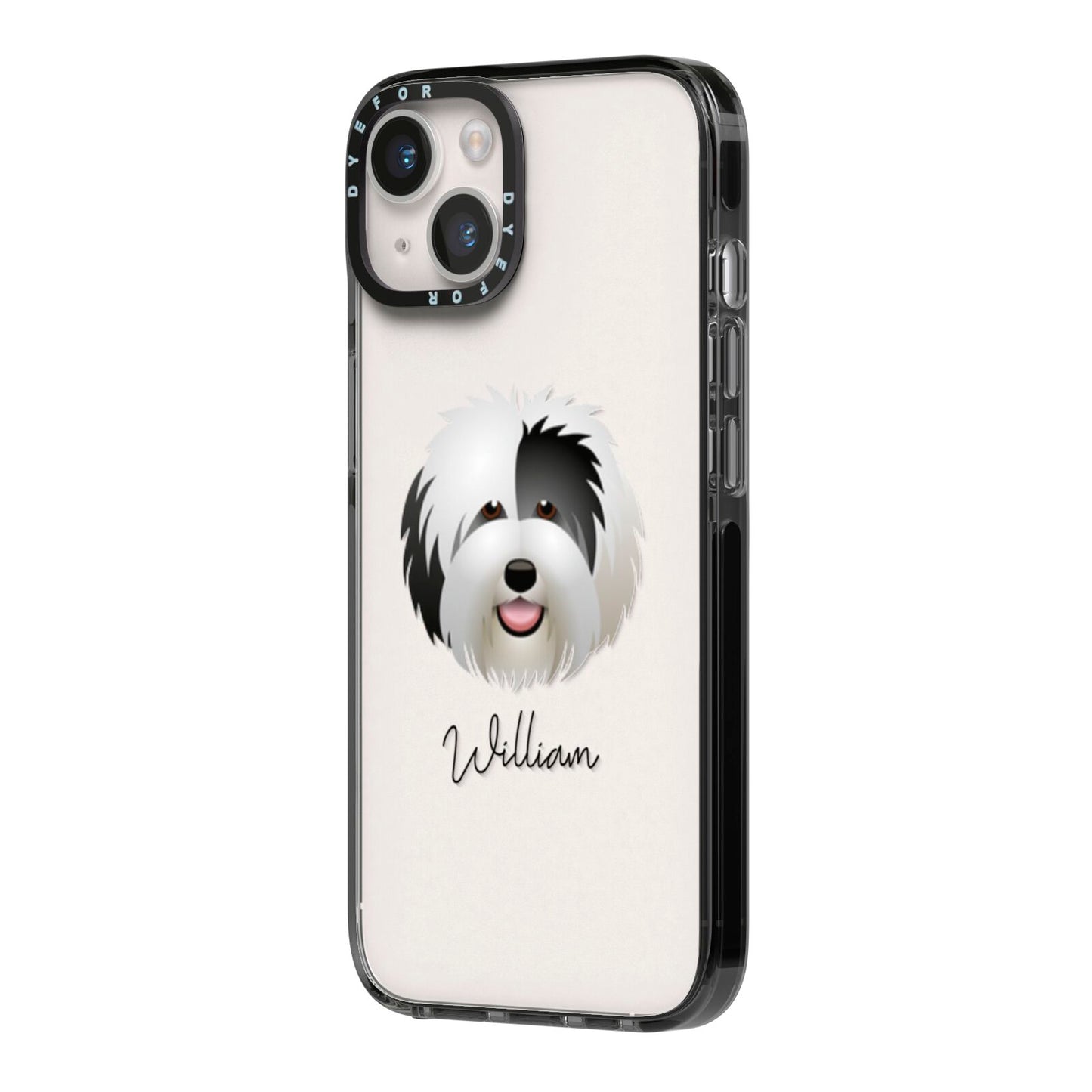 Old English Sheepdog Personalised iPhone 14 Black Impact Case Side Angle on Silver phone