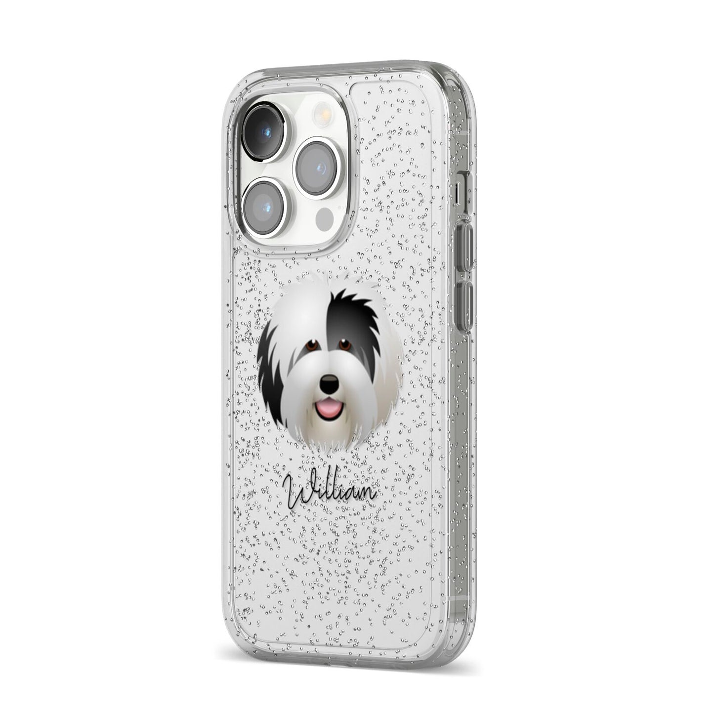 Old English Sheepdog Personalised iPhone 14 Pro Glitter Tough Case Silver Angled Image