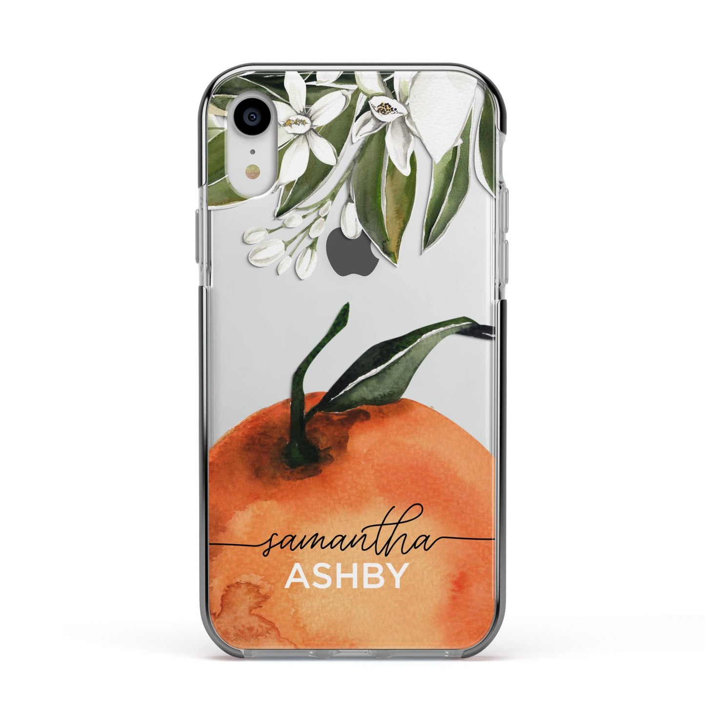 Orange Blossom Personalised Name Apple iPhone XR Impact Case Black Edge on Silver Phone