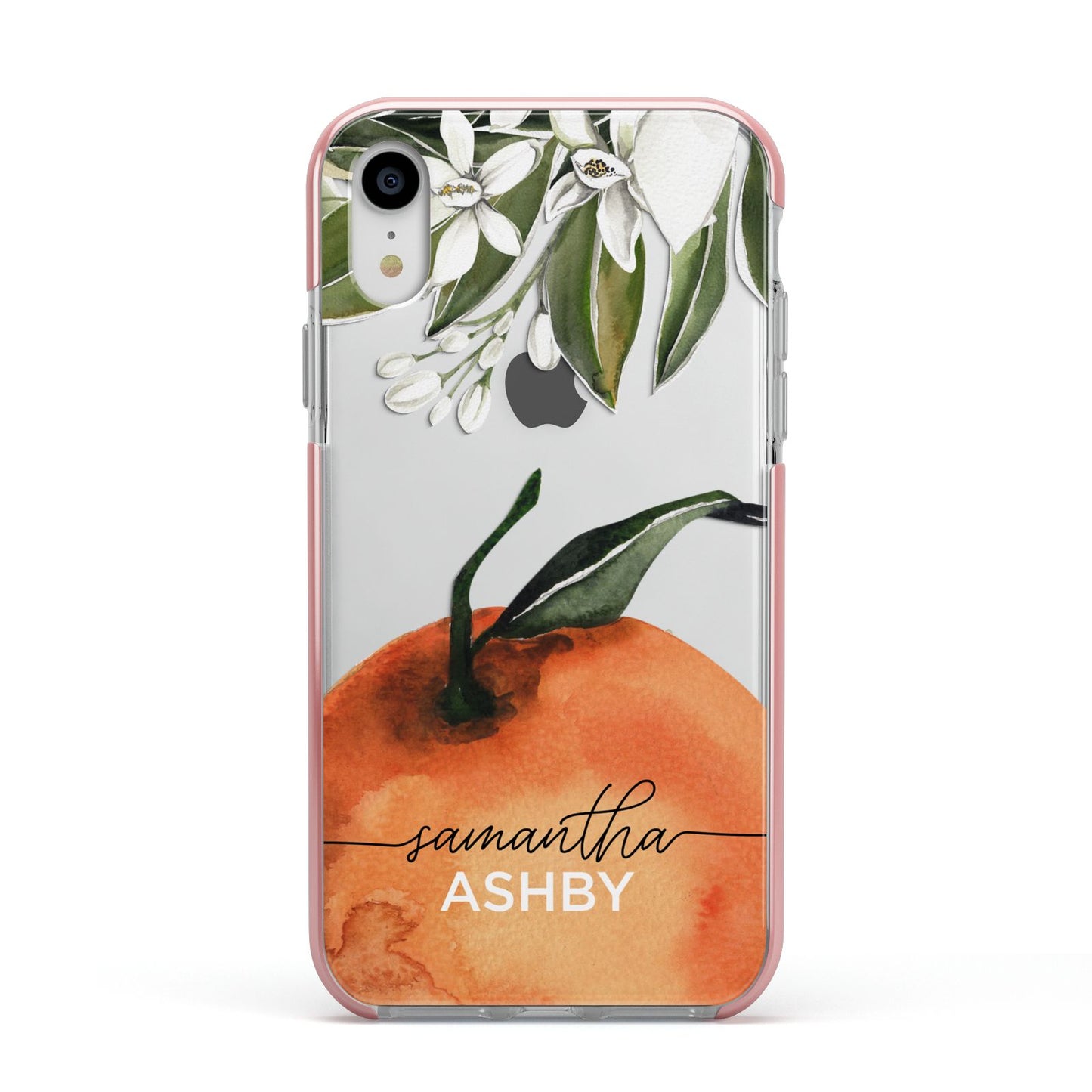 Orange Blossom Personalised Name Apple iPhone XR Impact Case Pink Edge on Silver Phone