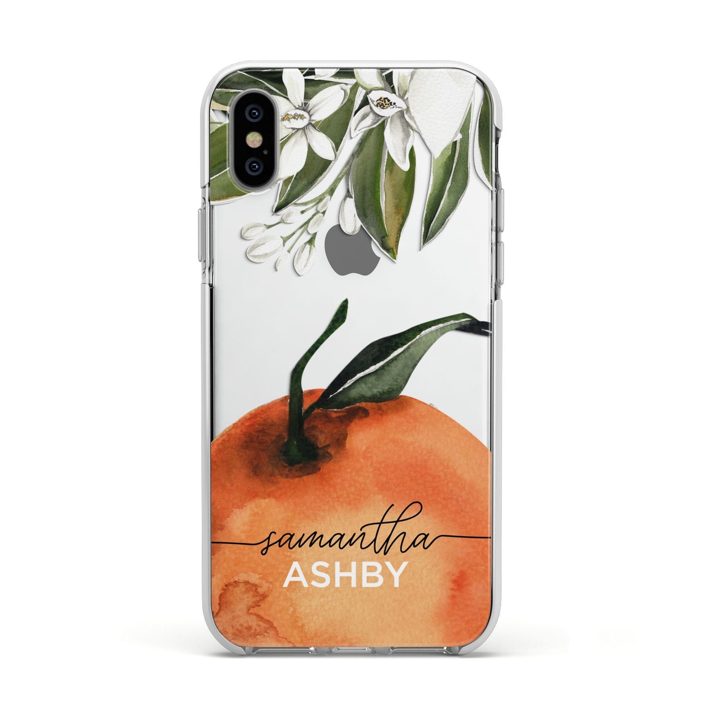 Orange Blossom Personalised Name Apple iPhone Xs Impact Case White Edge on Silver Phone