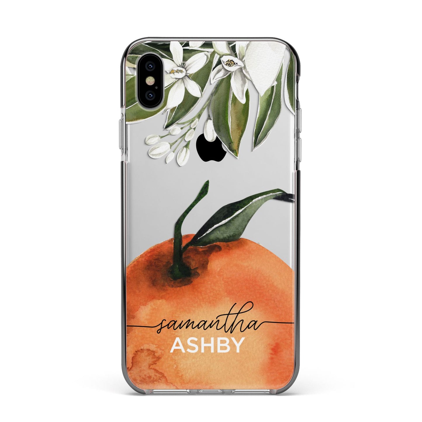 Orange Blossom Personalised Name Apple iPhone Xs Max Impact Case Black Edge on Silver Phone