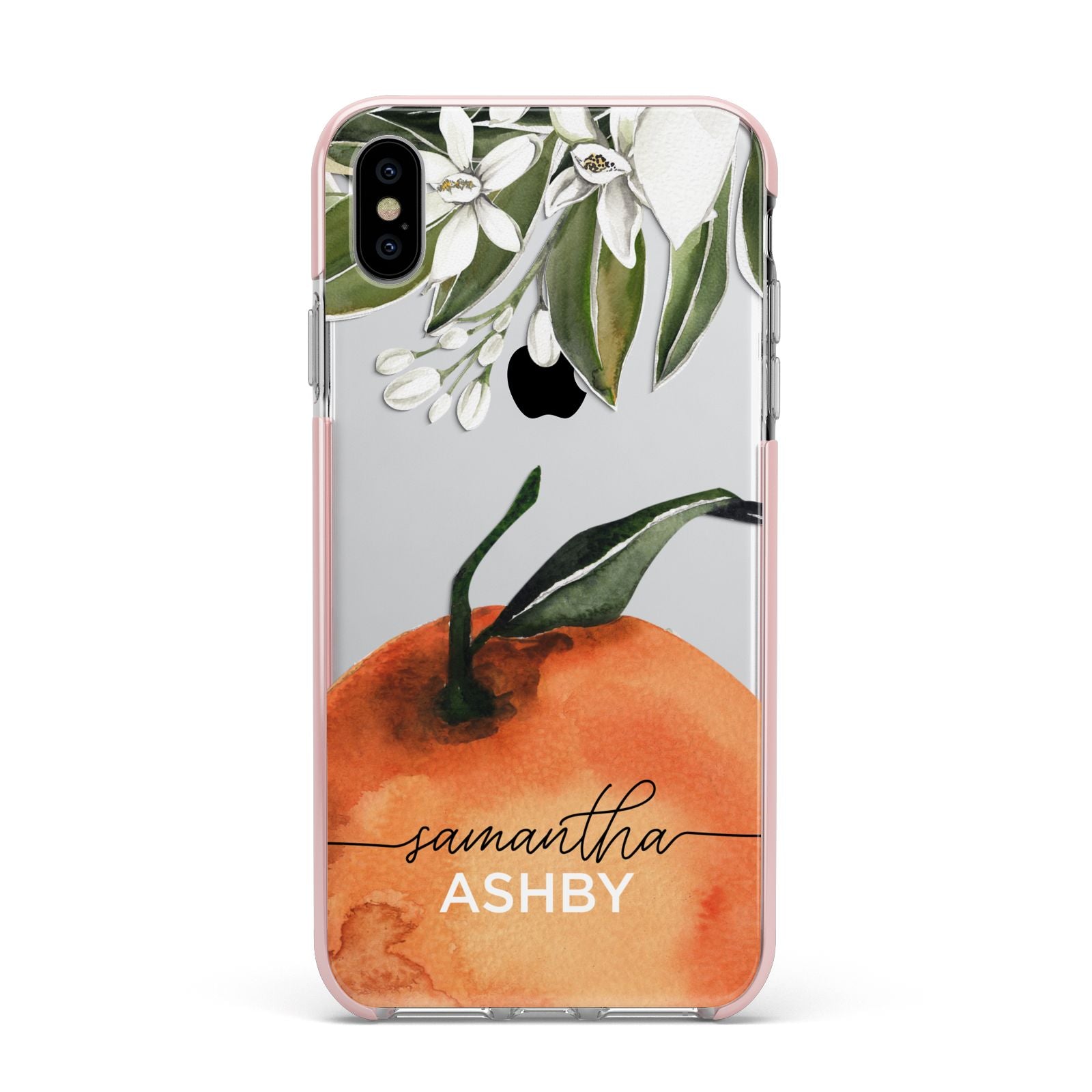 Orange Blossom Personalised Name Apple iPhone Xs Max Impact Case Pink Edge on Silver Phone