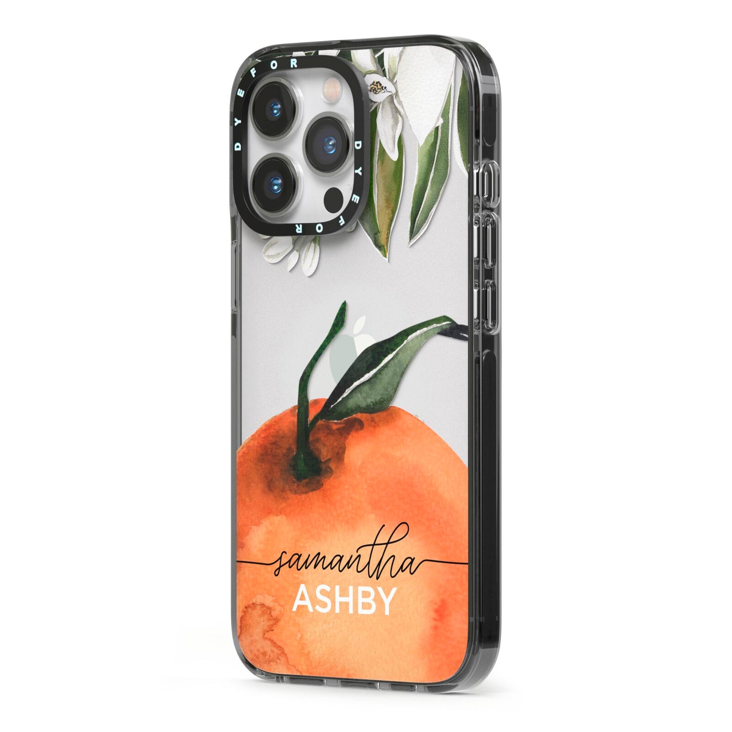 Orange Blossom Personalised Name iPhone 13 Pro Black Impact Case Side Angle on Silver phone
