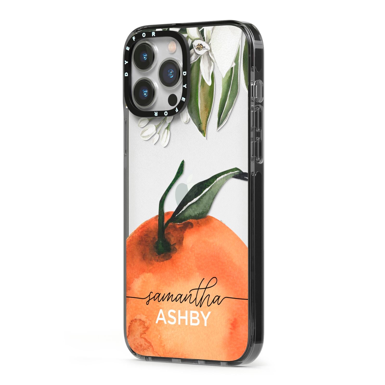 Orange Blossom Personalised Name iPhone 13 Pro Max Black Impact Case Side Angle on Silver phone