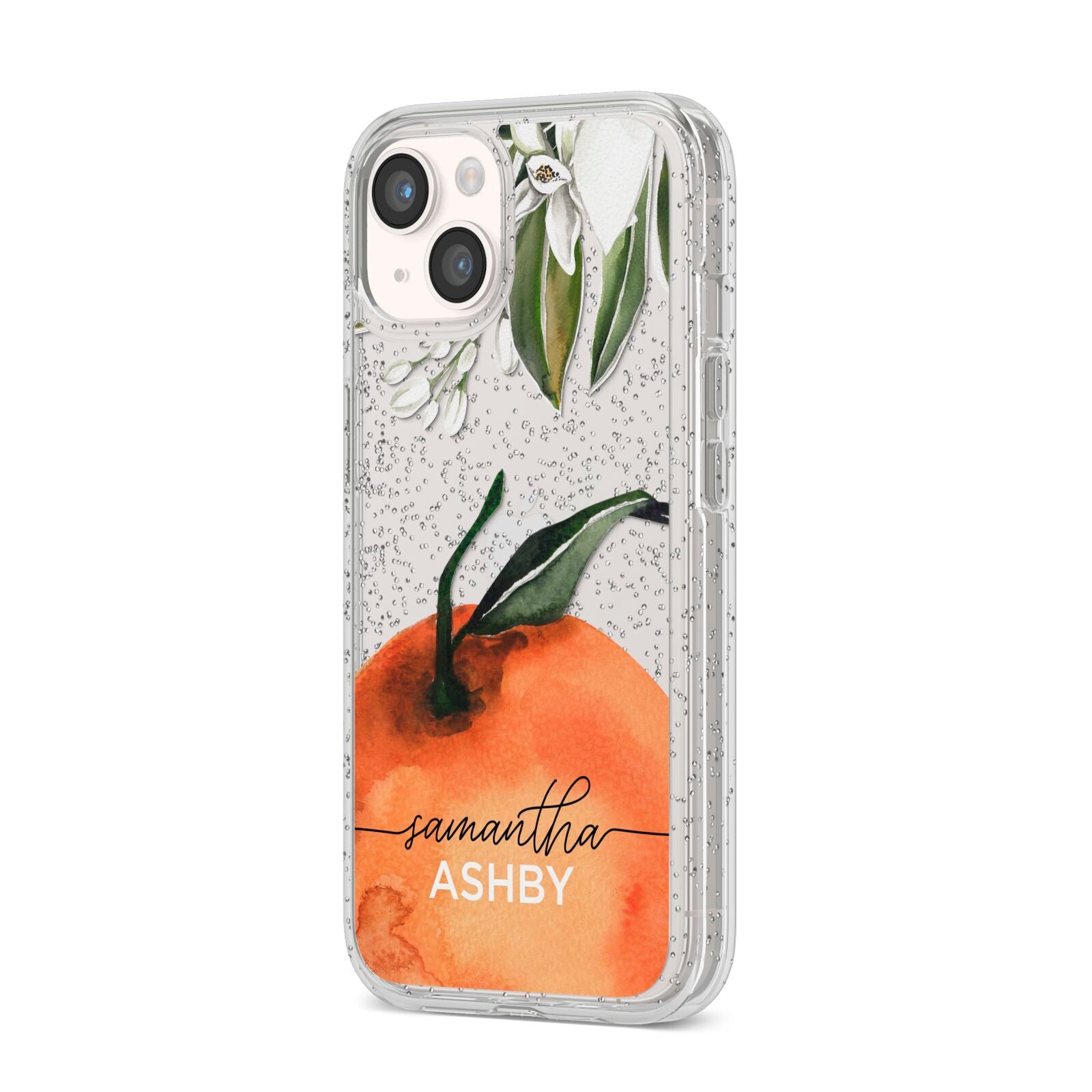 Orange Blossom Personalised Name iPhone 14 Glitter Tough Case Starlight Angled Image