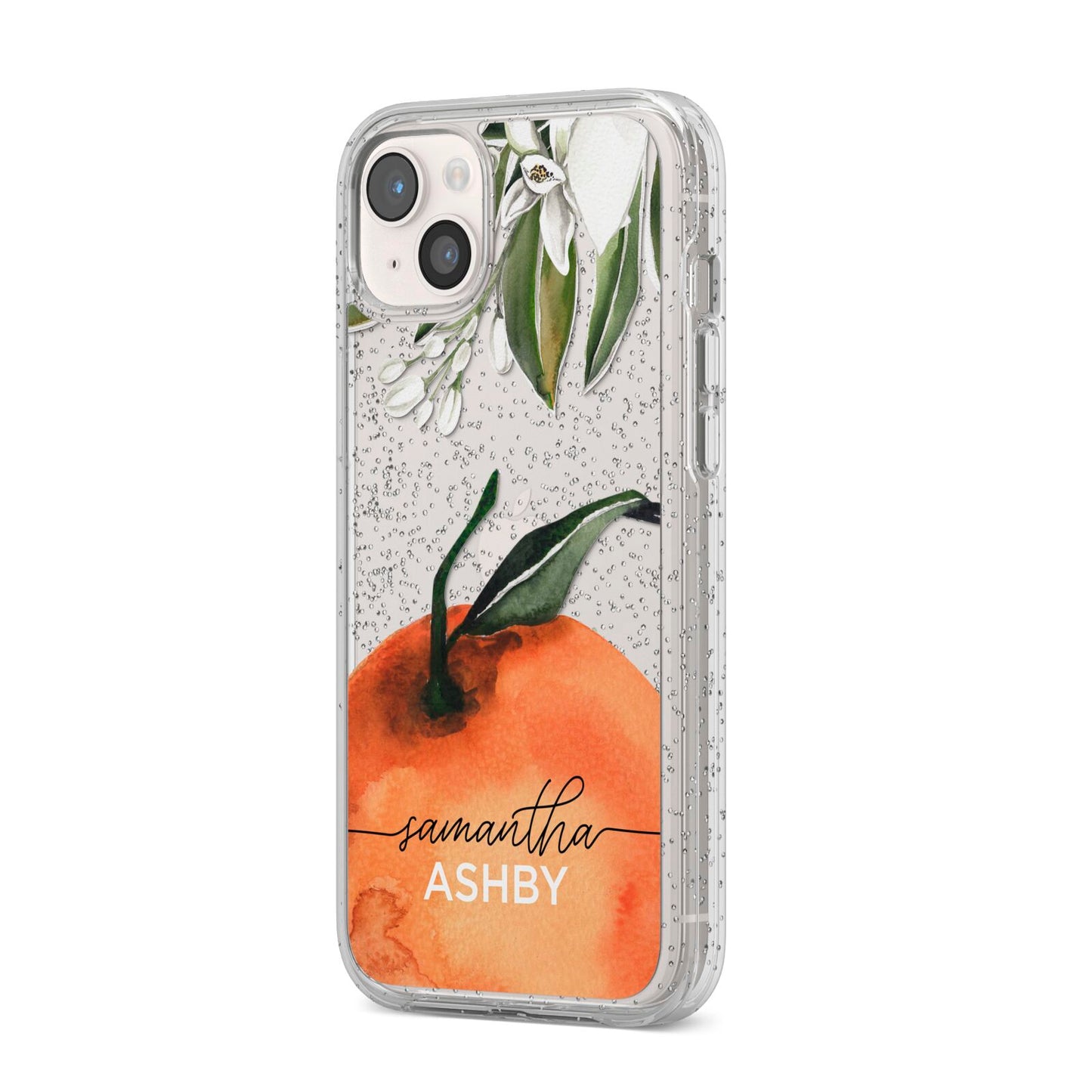 Orange Blossom Personalised Name iPhone 14 Plus Glitter Tough Case Starlight Angled Image