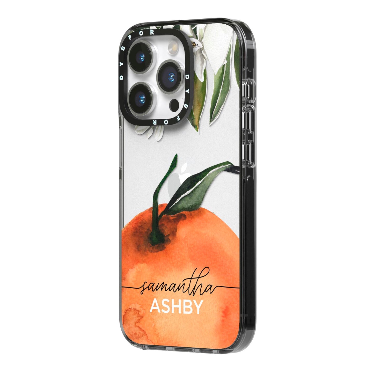 Orange Blossom Personalised Name iPhone 14 Pro Black Impact Case Side Angle on Silver phone