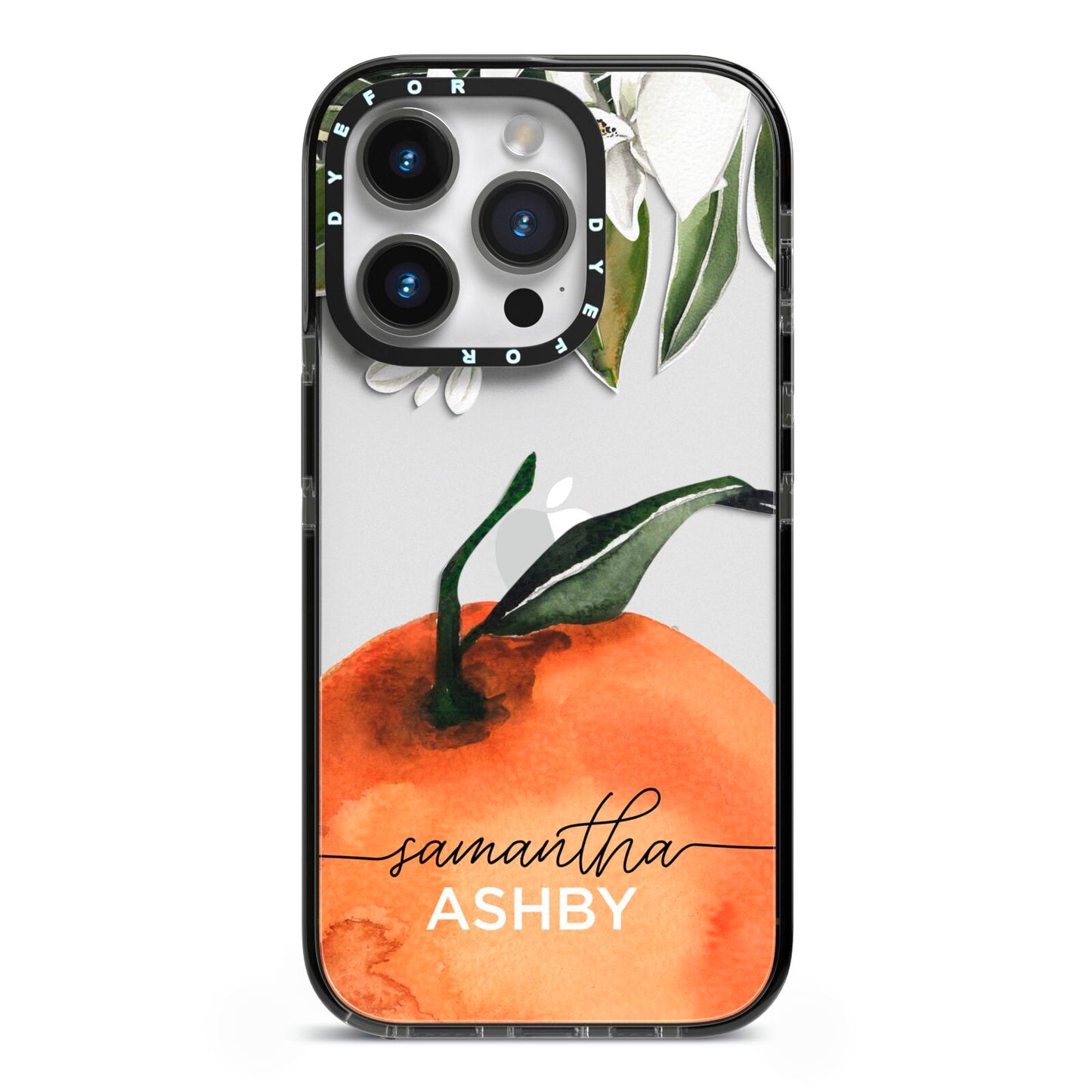 Orange Blossom Personalised Name iPhone 14 Pro Black Impact Case on Silver phone