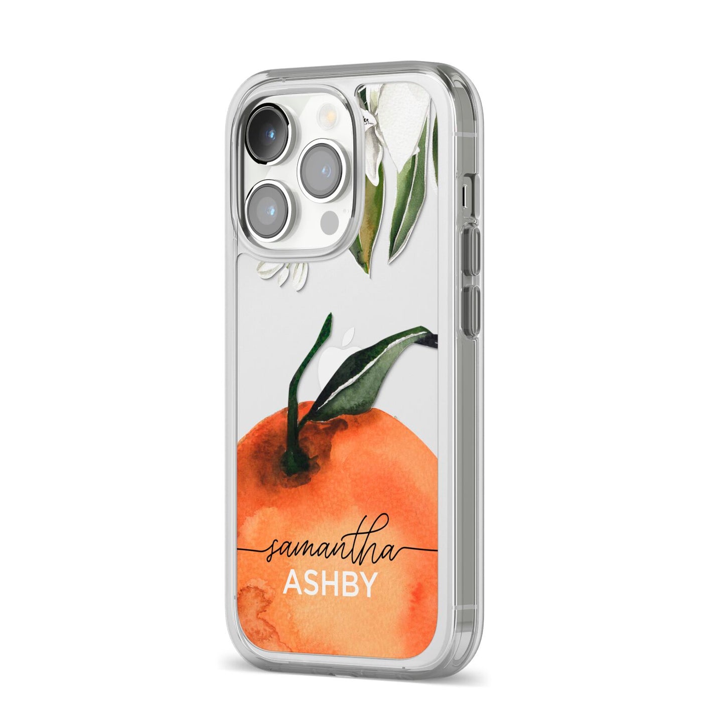Orange Blossom Personalised Name iPhone 14 Pro Clear Tough Case Silver Angled Image