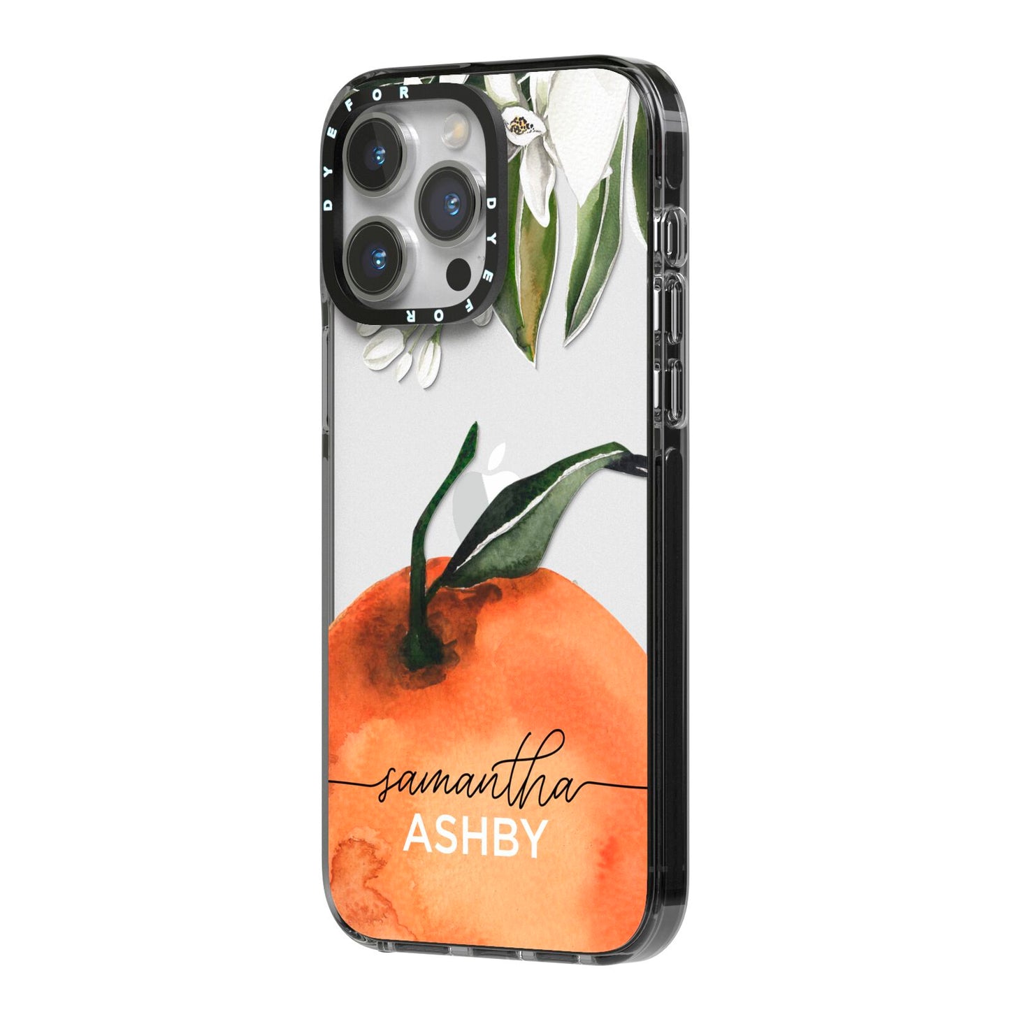 Orange Blossom Personalised Name iPhone 14 Pro Max Black Impact Case Side Angle on Silver phone