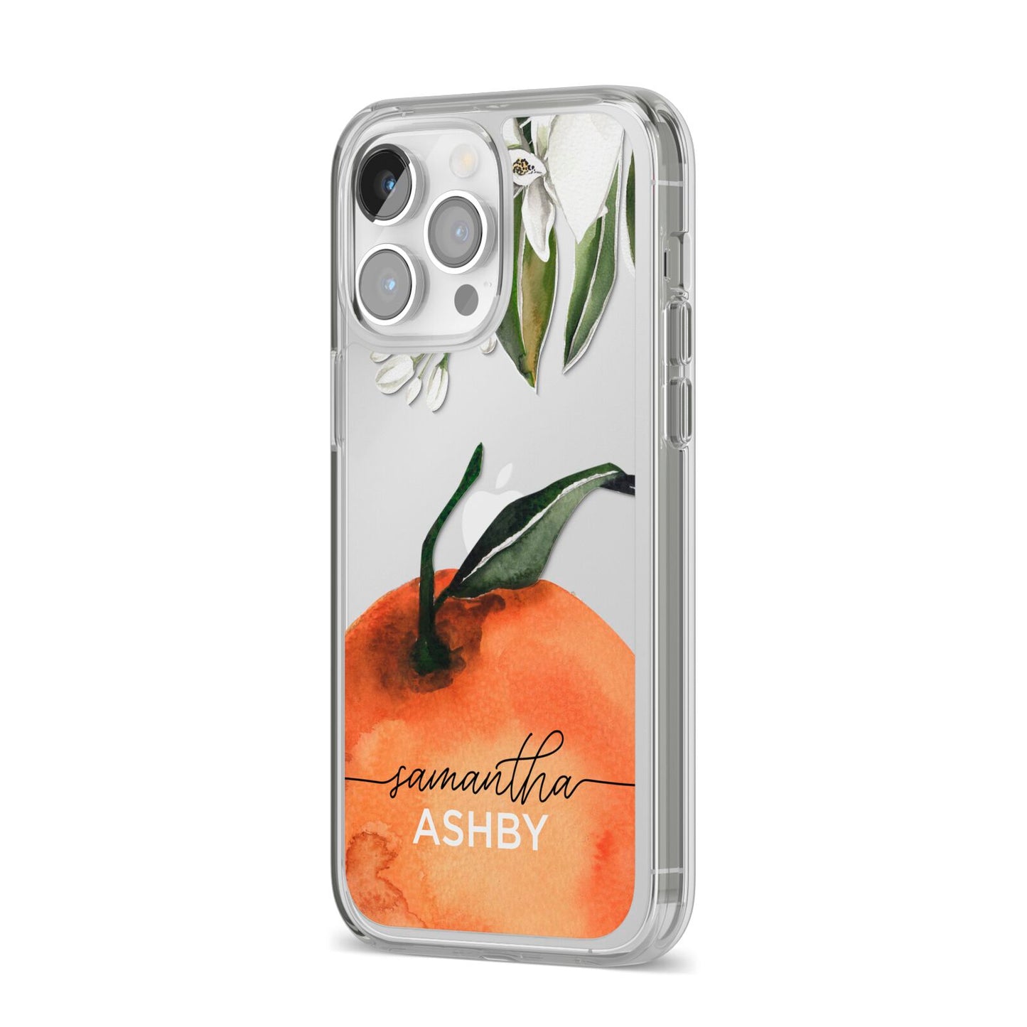 Orange Blossom Personalised Name iPhone 14 Pro Max Clear Tough Case Silver Angled Image