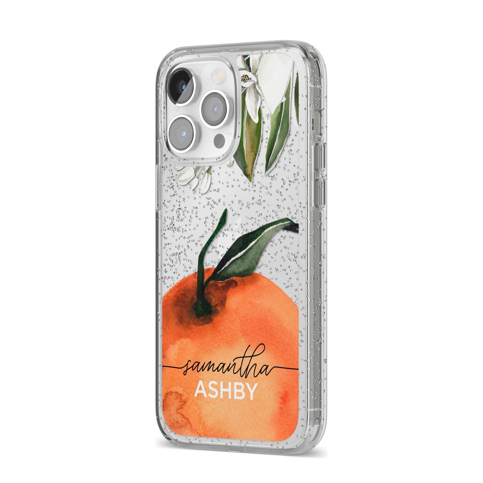 Orange Blossom Personalised Name iPhone 14 Pro Max Glitter Tough Case Silver Angled Image