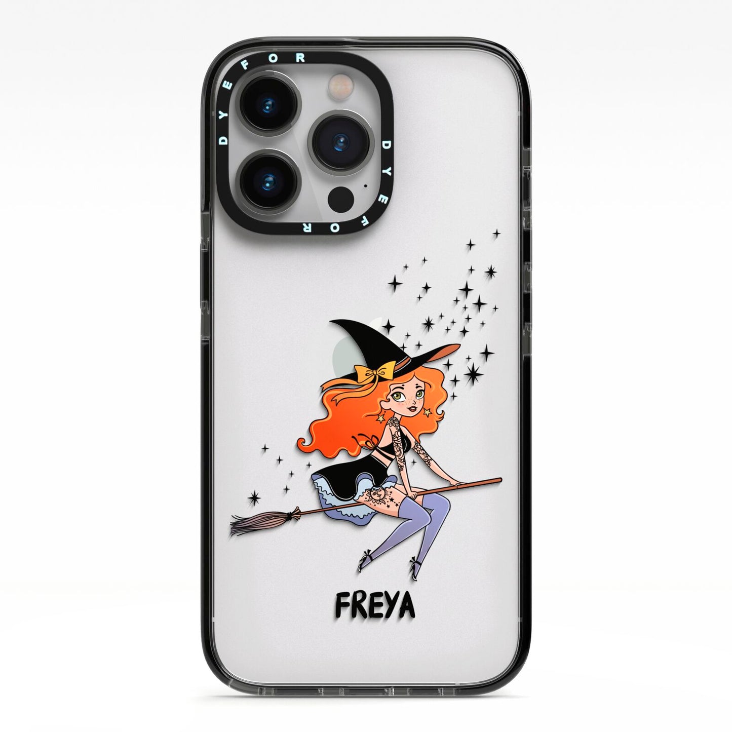 Orange Haired Personalised Witch iPhone 13 Pro Black Impact Case on Silver phone