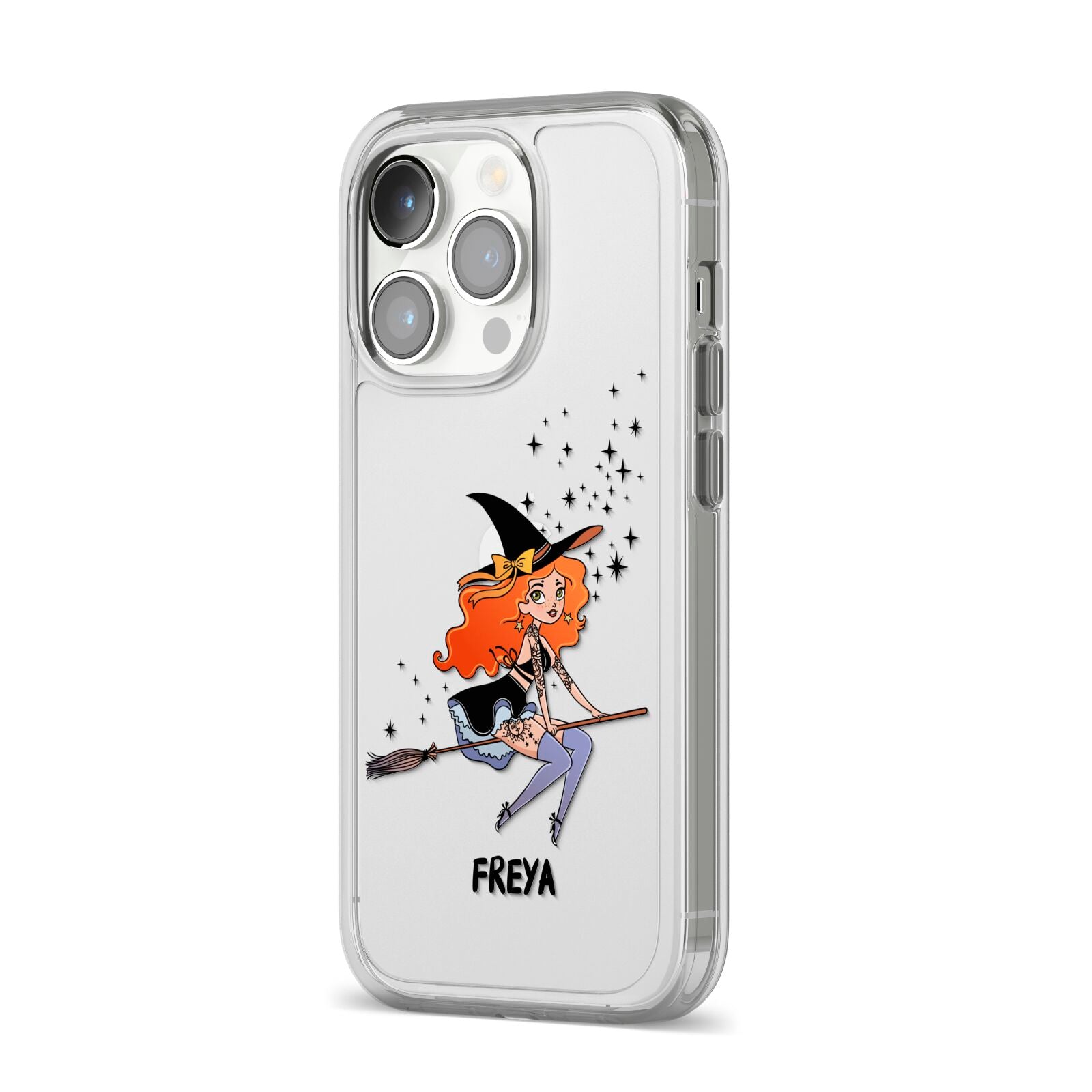 Orange Haired Personalised Witch iPhone 14 Pro Clear Tough Case Silver Angled Image